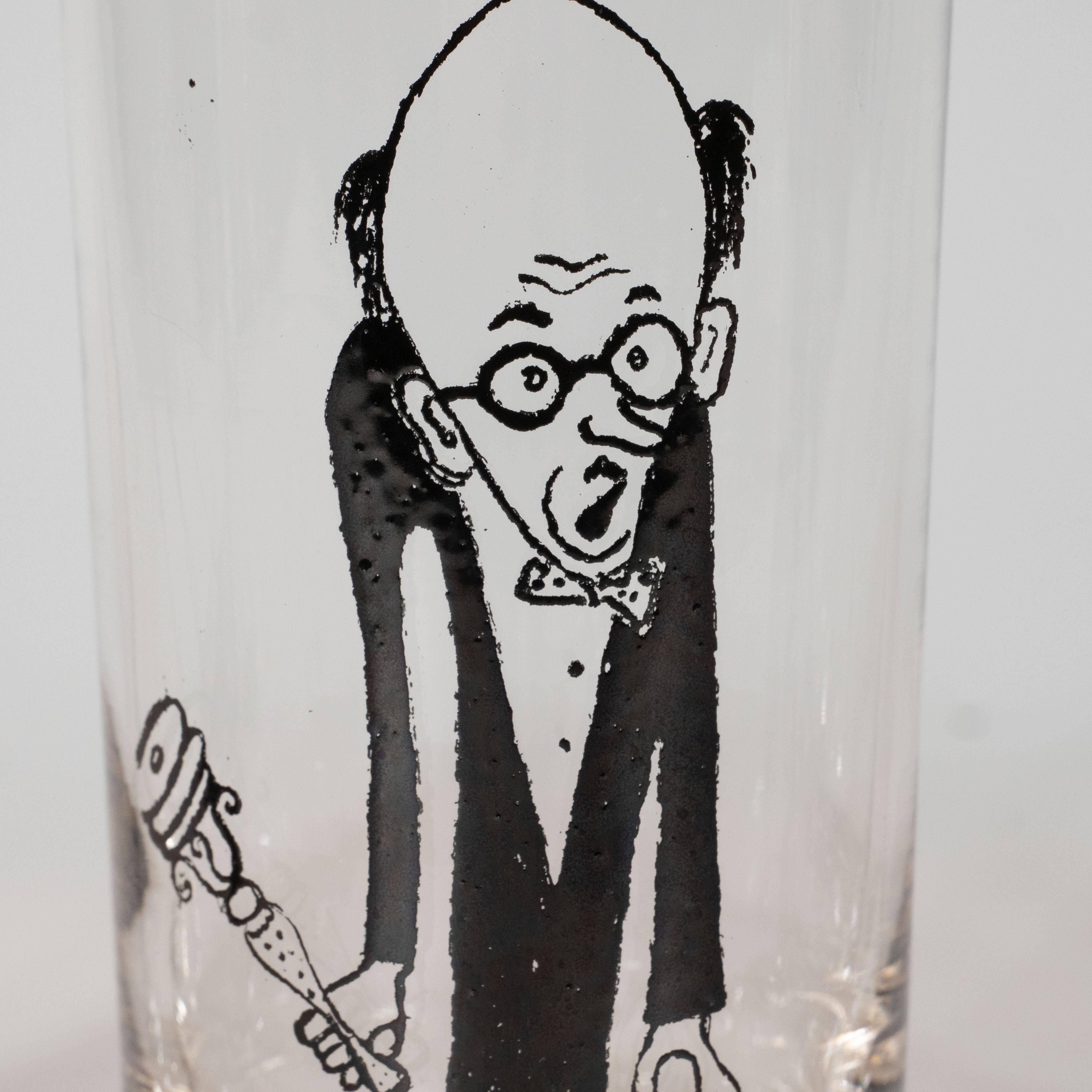 Américain Ensemble de quatre verres à boire noirs signés James Mont avec des caricatures dessinées à la main en vente