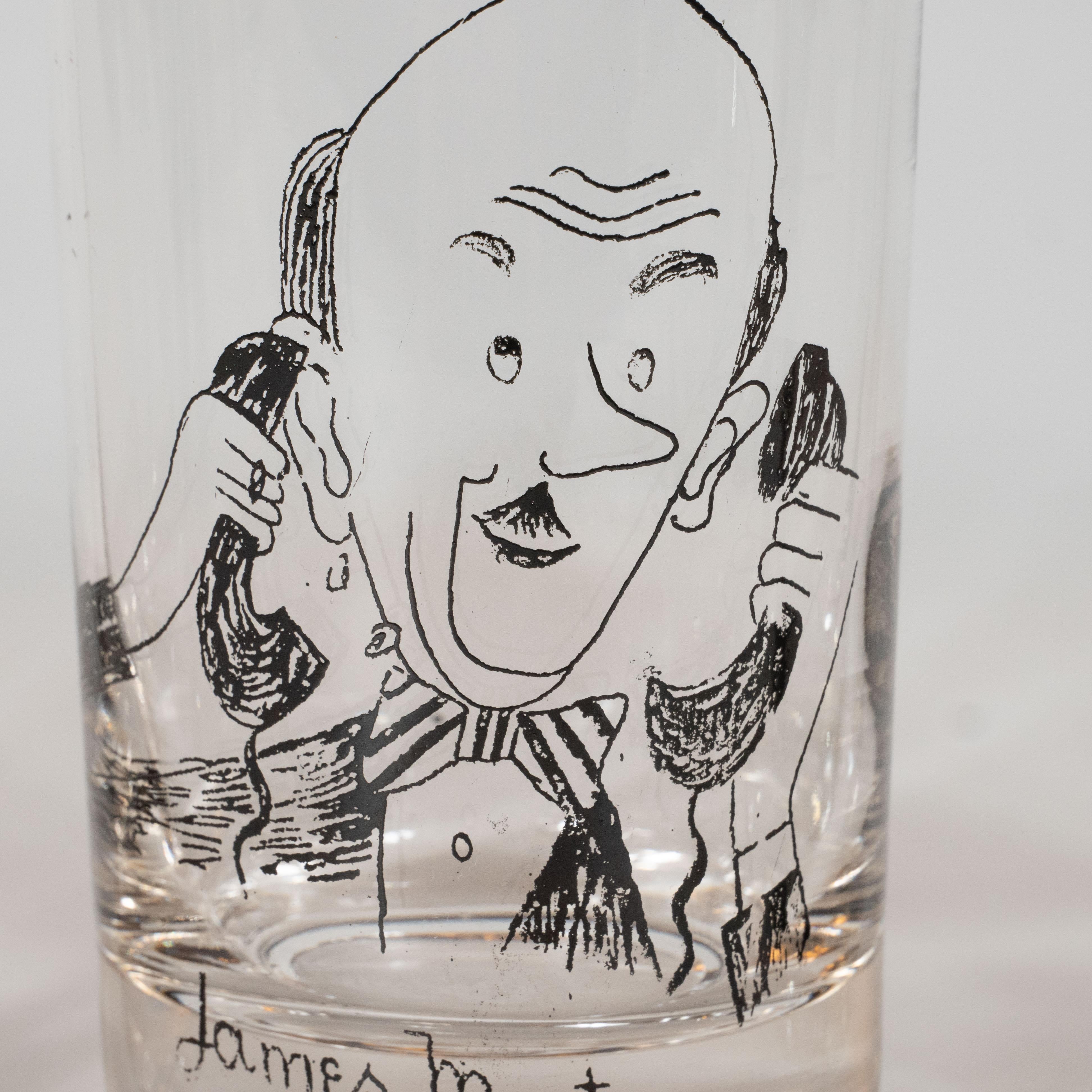 Mid-Century Modern Set of Four Signed James Mont Black Drink Glasses with Hand Drawn Caricatures  For Sale