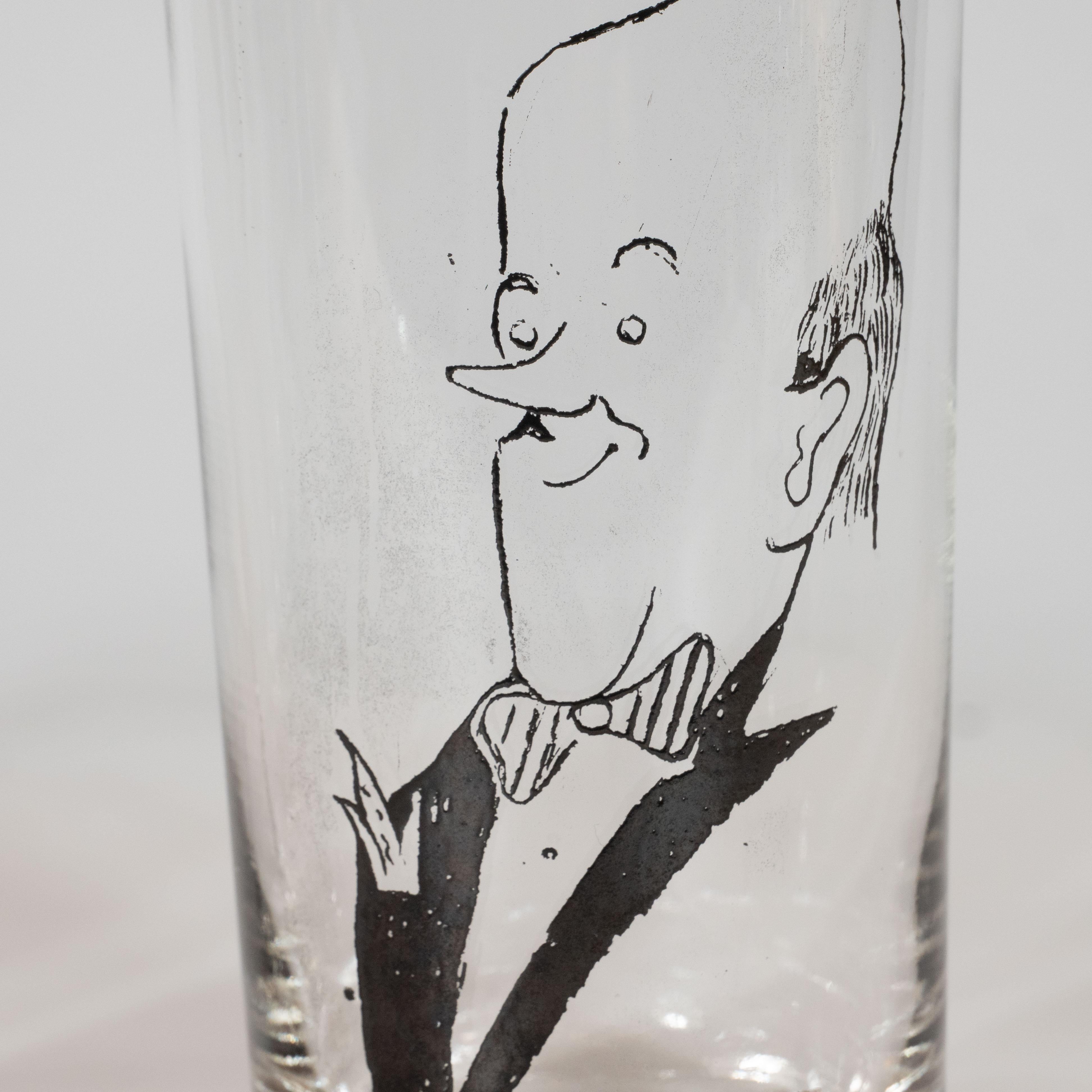 American Set of Four Signed James Mont Black Drink Glasses with Hand Drawn Caricatures  For Sale