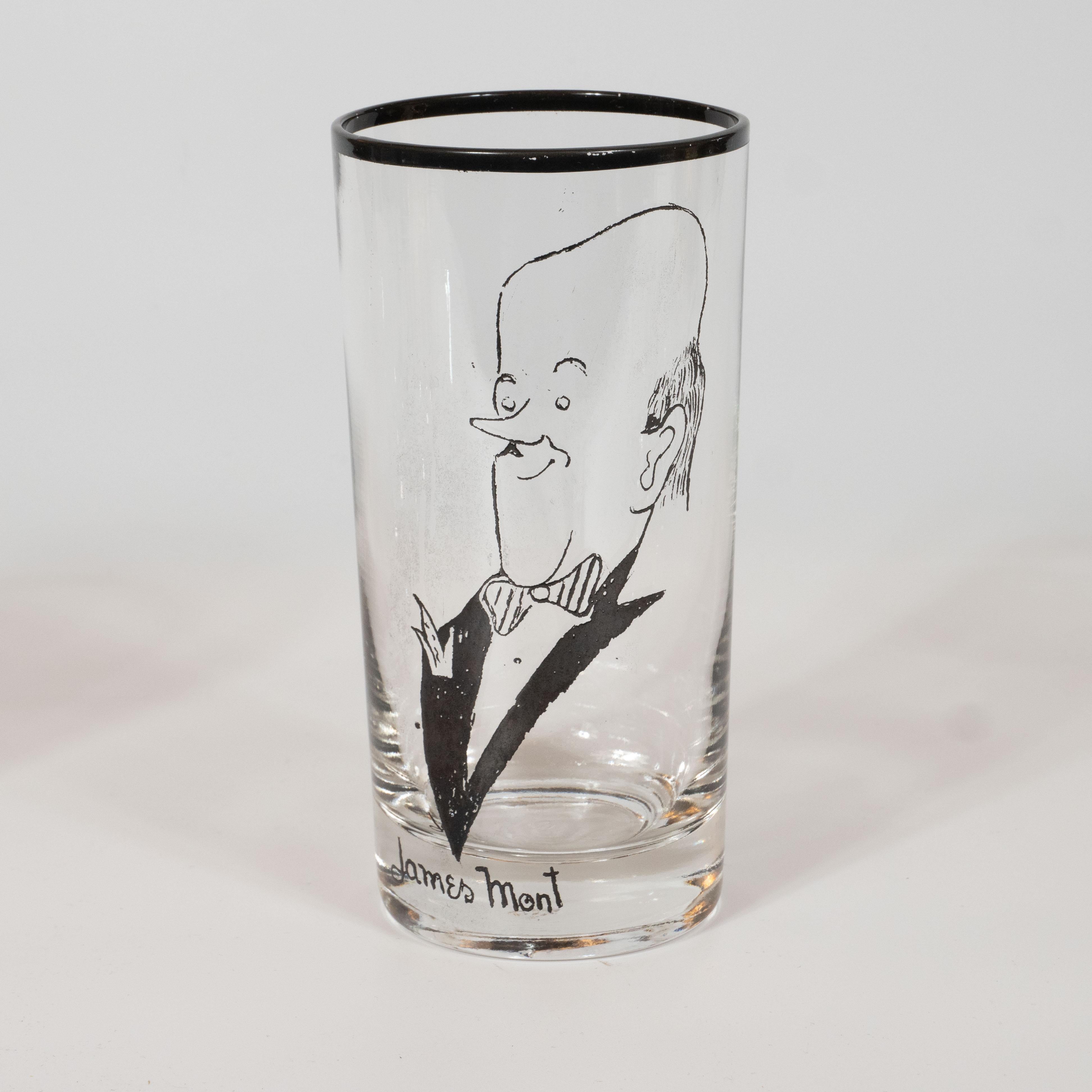 Mid-20th Century Set of Four Signed James Mont Black Drink Glasses with Hand Drawn Caricatures  For Sale