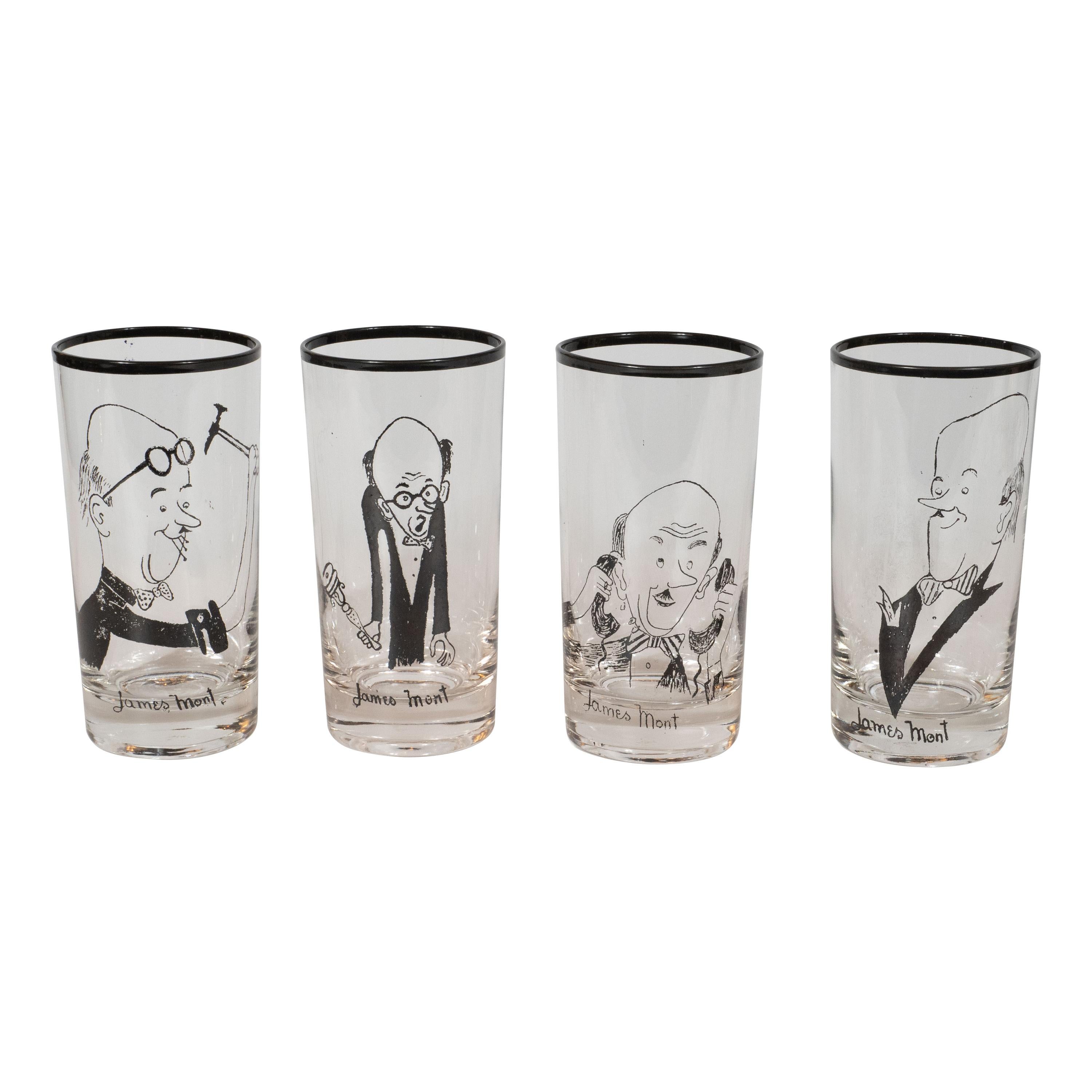 Ensemble de quatre verres à boire noirs signés James Mont avec des caricatures dessinées à la main