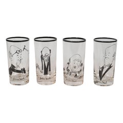 Set of Four Signed James Mont Black Drink Glasses with Hand Drawn Caricatures 