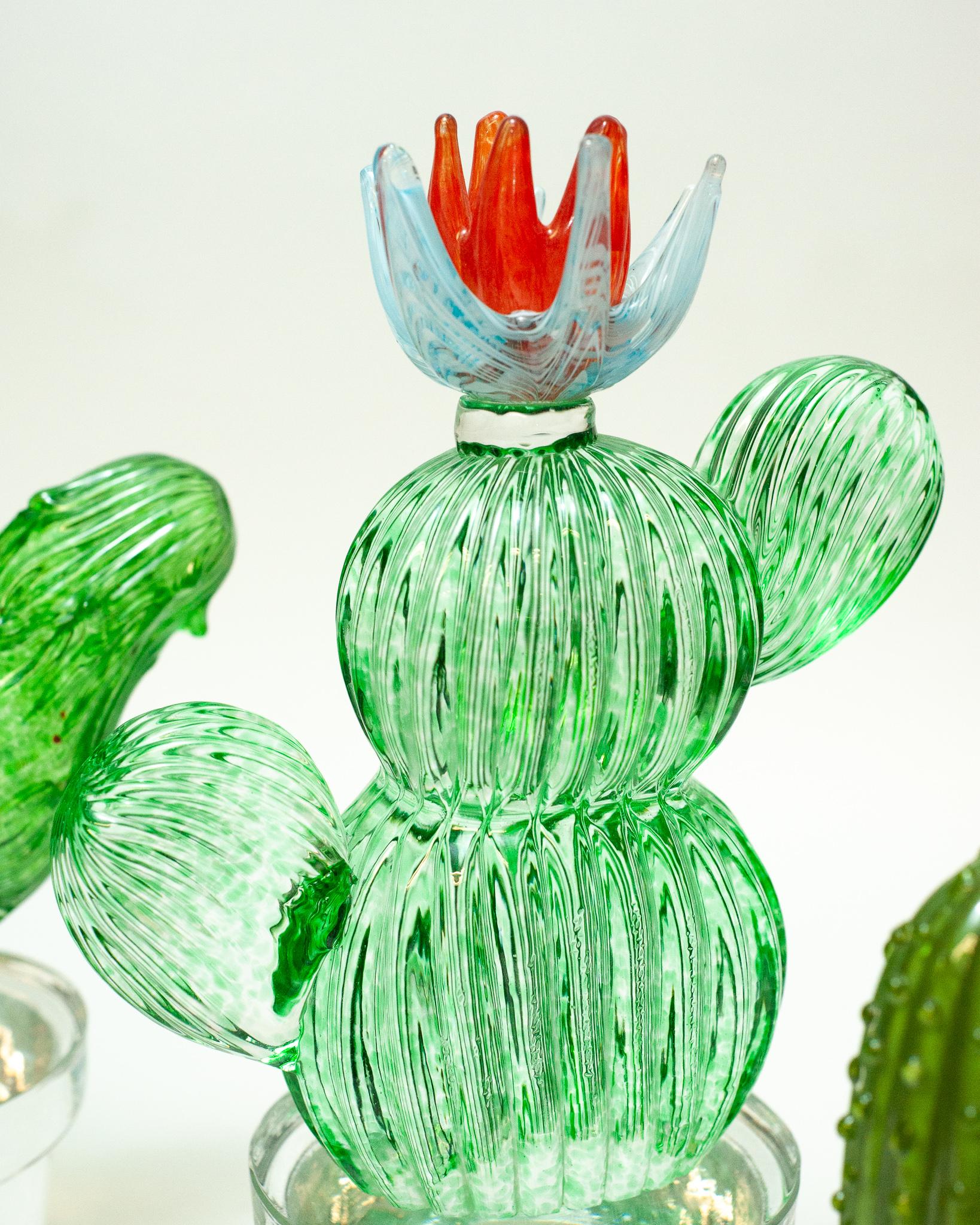 Italian Set of Four Signed Marta Marzotto Hand Blown Murano Glass Cactus Sculptures For Sale