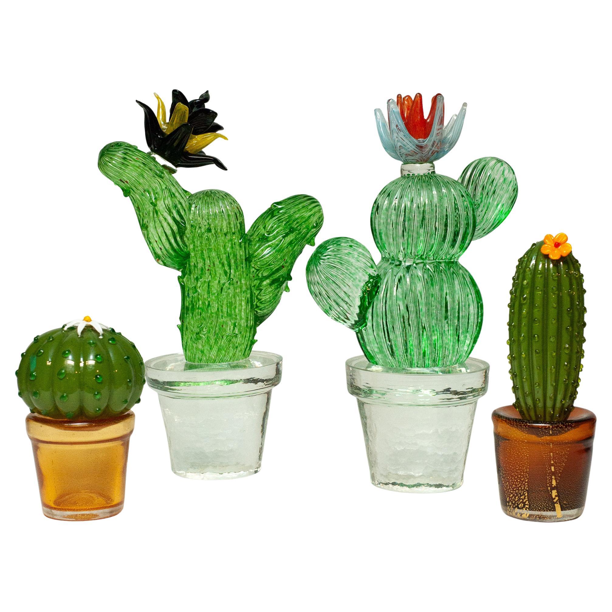 Set of Four Signed Marta Marzotto Hand Blown Murano Glass Cactus Sculptures For Sale
