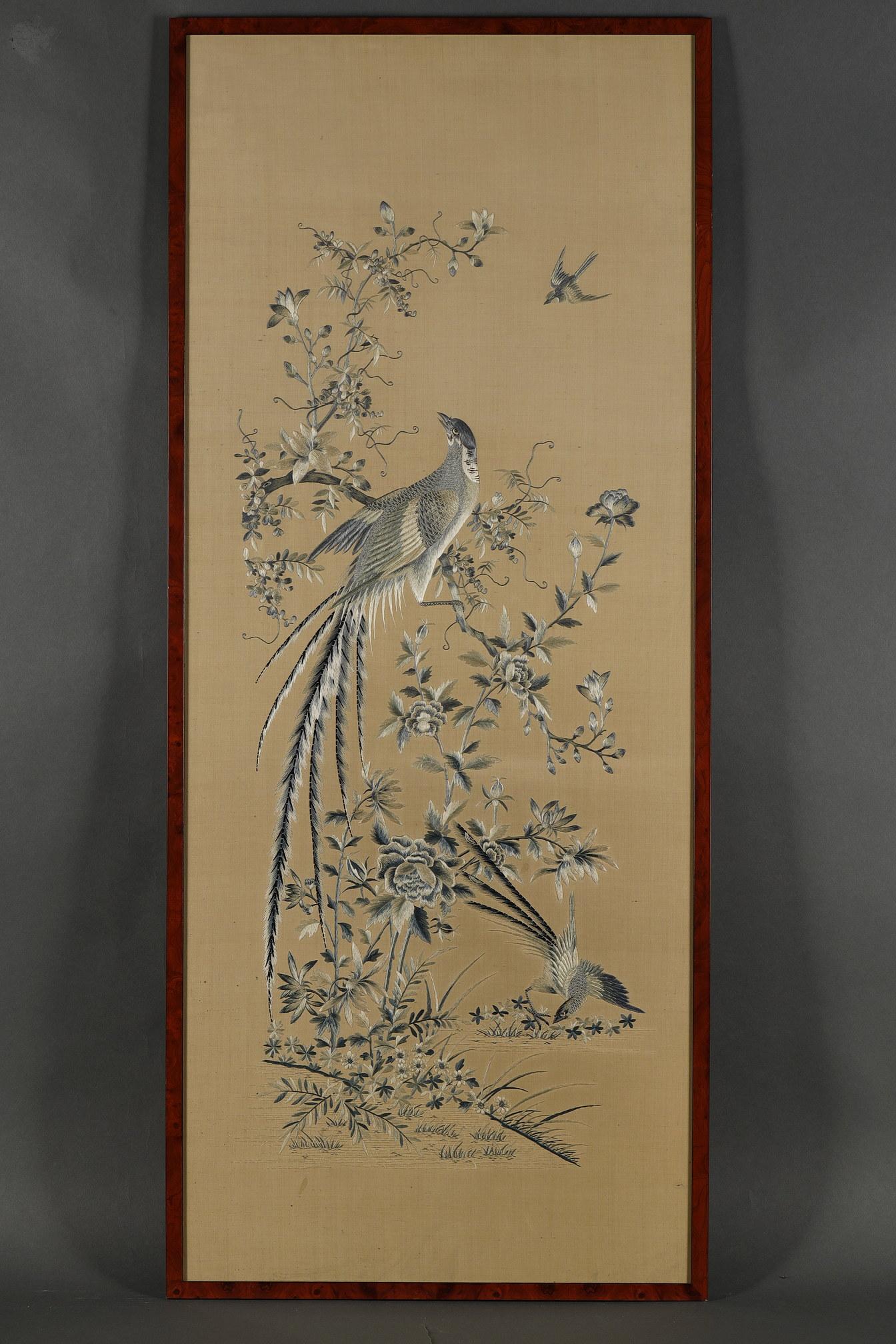 Set of Four Silk « Birds Among the Flowering Branches », China, 19th Century 1