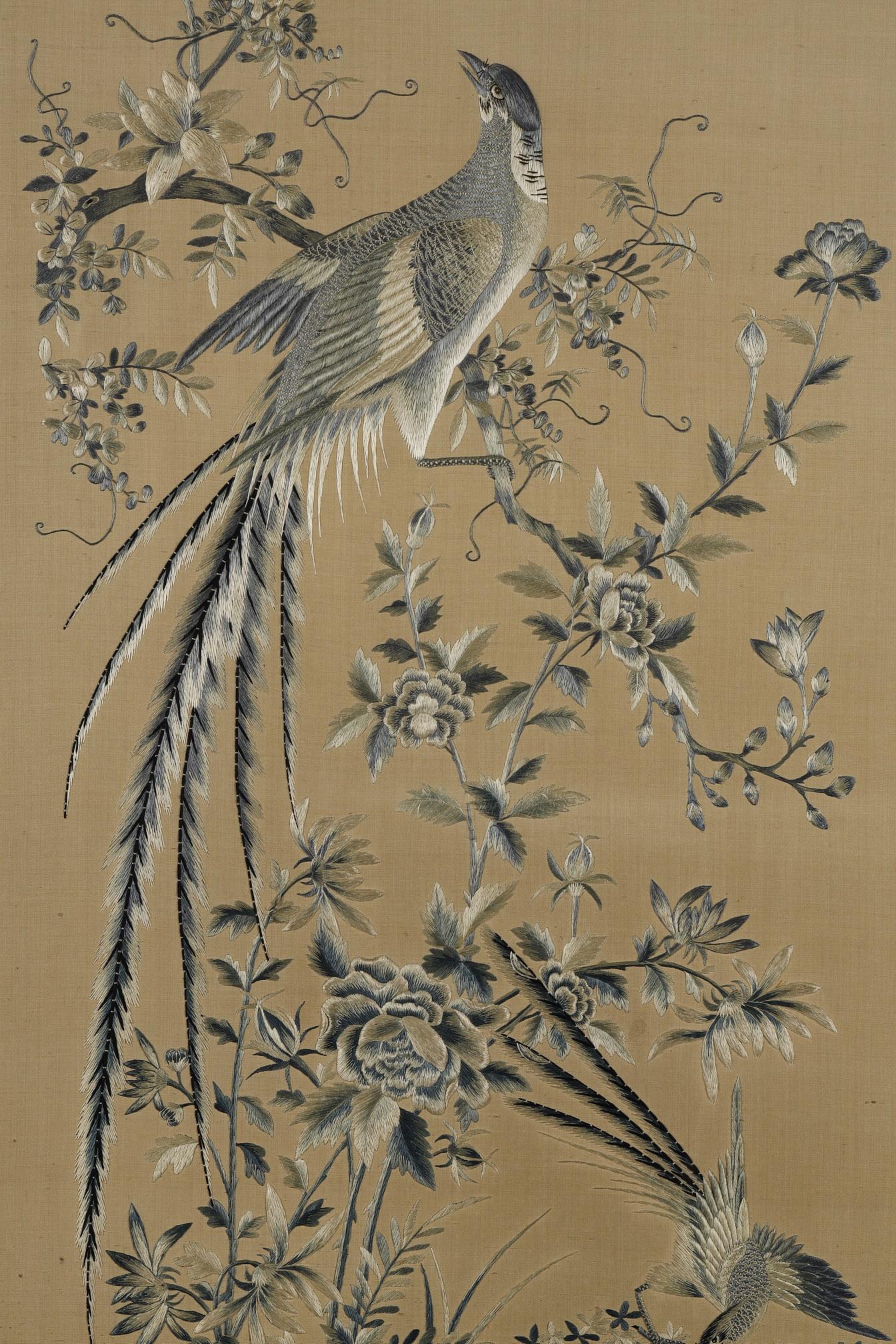 Set of Four Silk « Birds Among the Flowering Branches », China, 19th Century 2