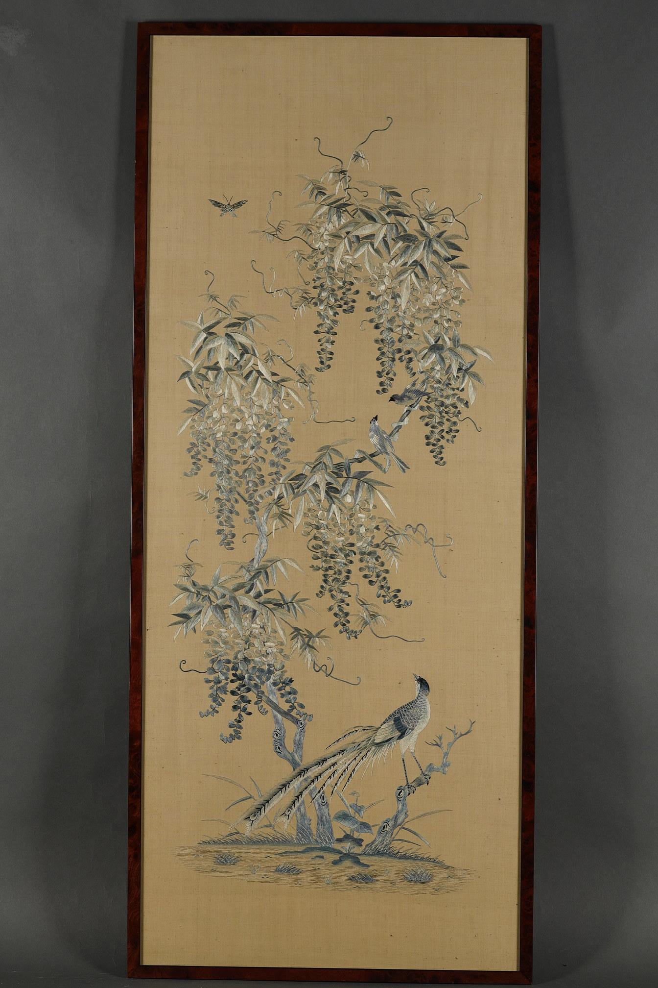 Set of Four Silk « Birds Among the Flowering Branches », China, 19th Century 3
