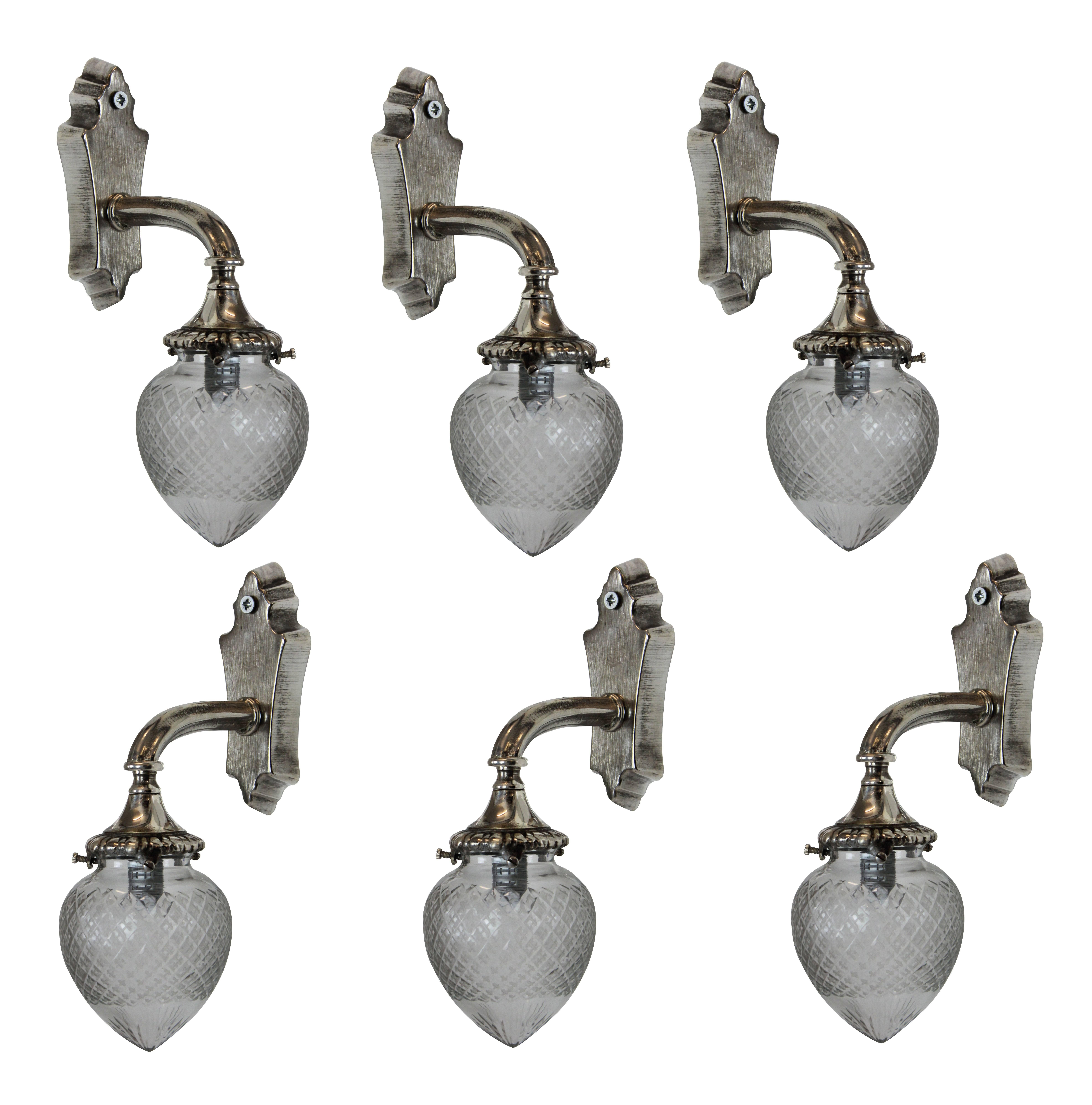 Early 20th Century Set of Four Silver Bracket Sconces with Glass Globe Shades
