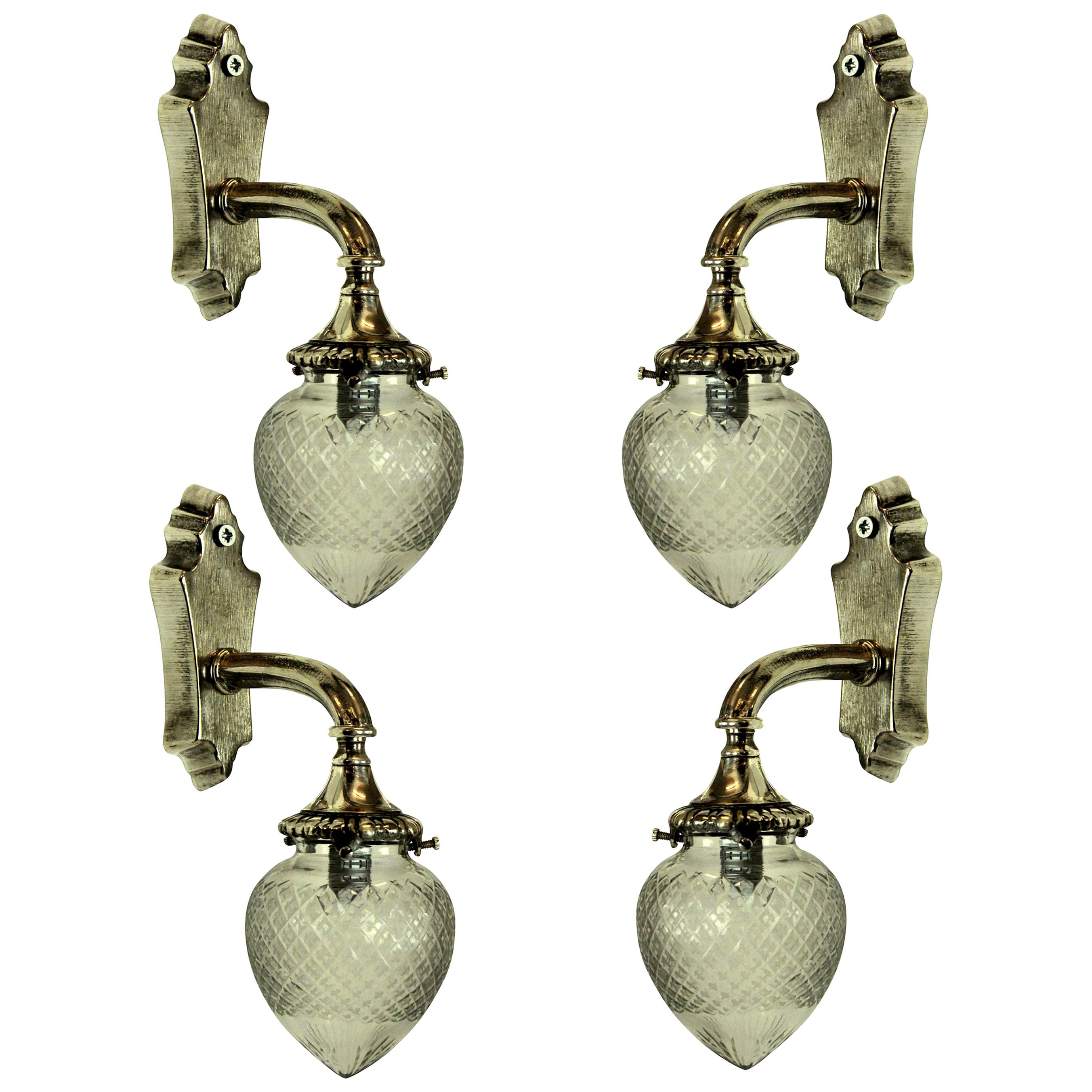 Set of Four Silver Bracket Sconces with Glass Globe Shades