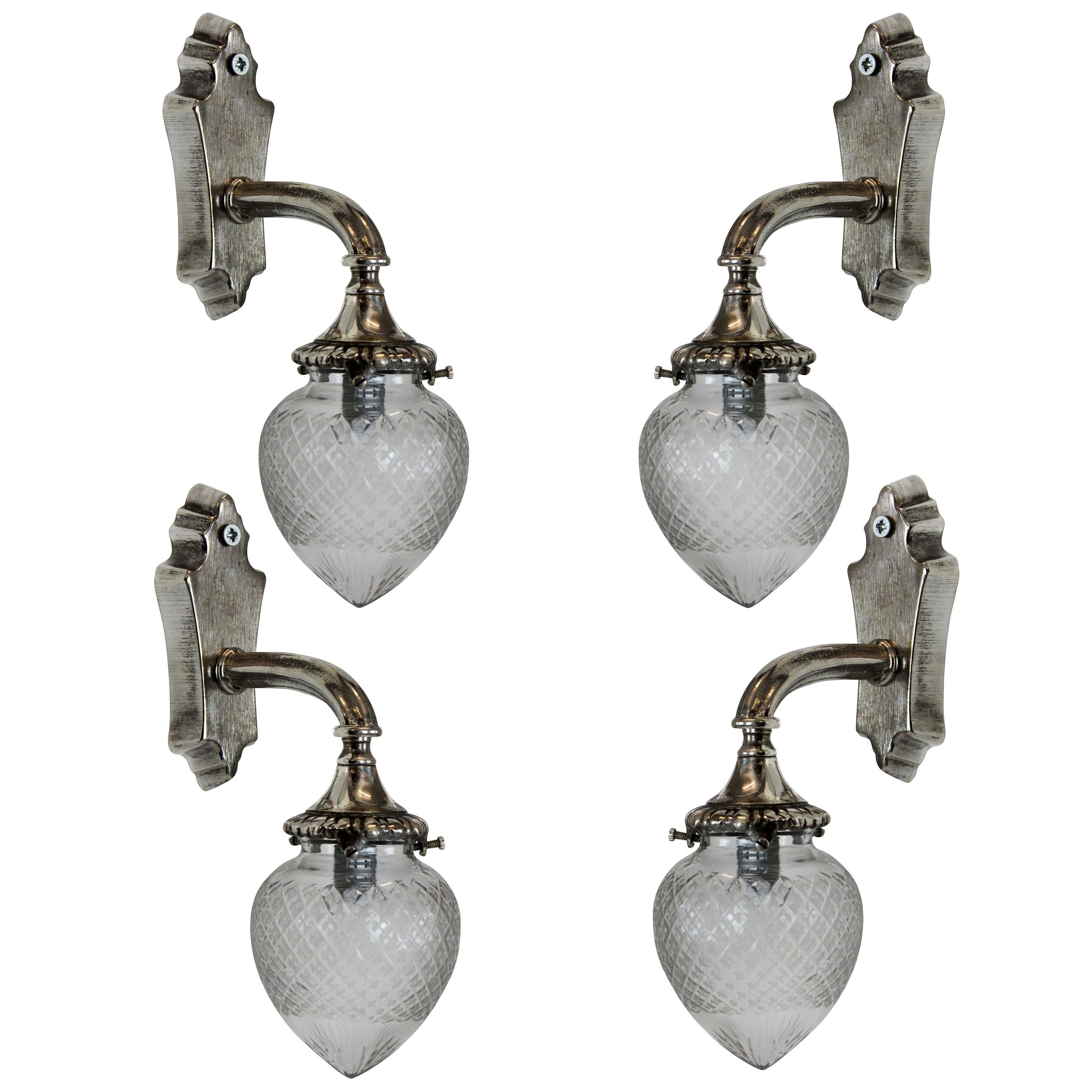 Set of Four Silver Bracket Sconces with Glass Globe Shades