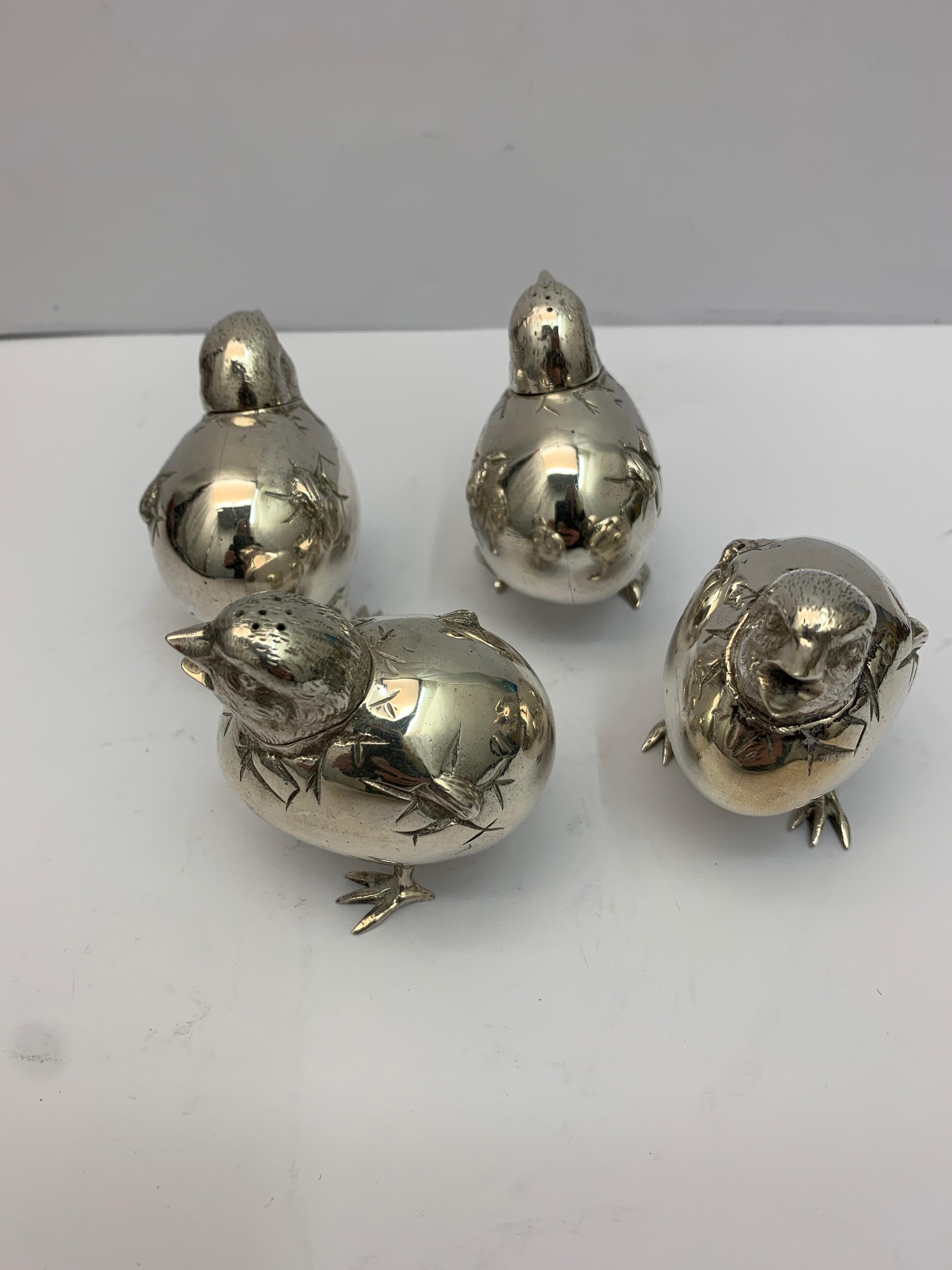 English Set of Four Silver Chick Salt and Peppers