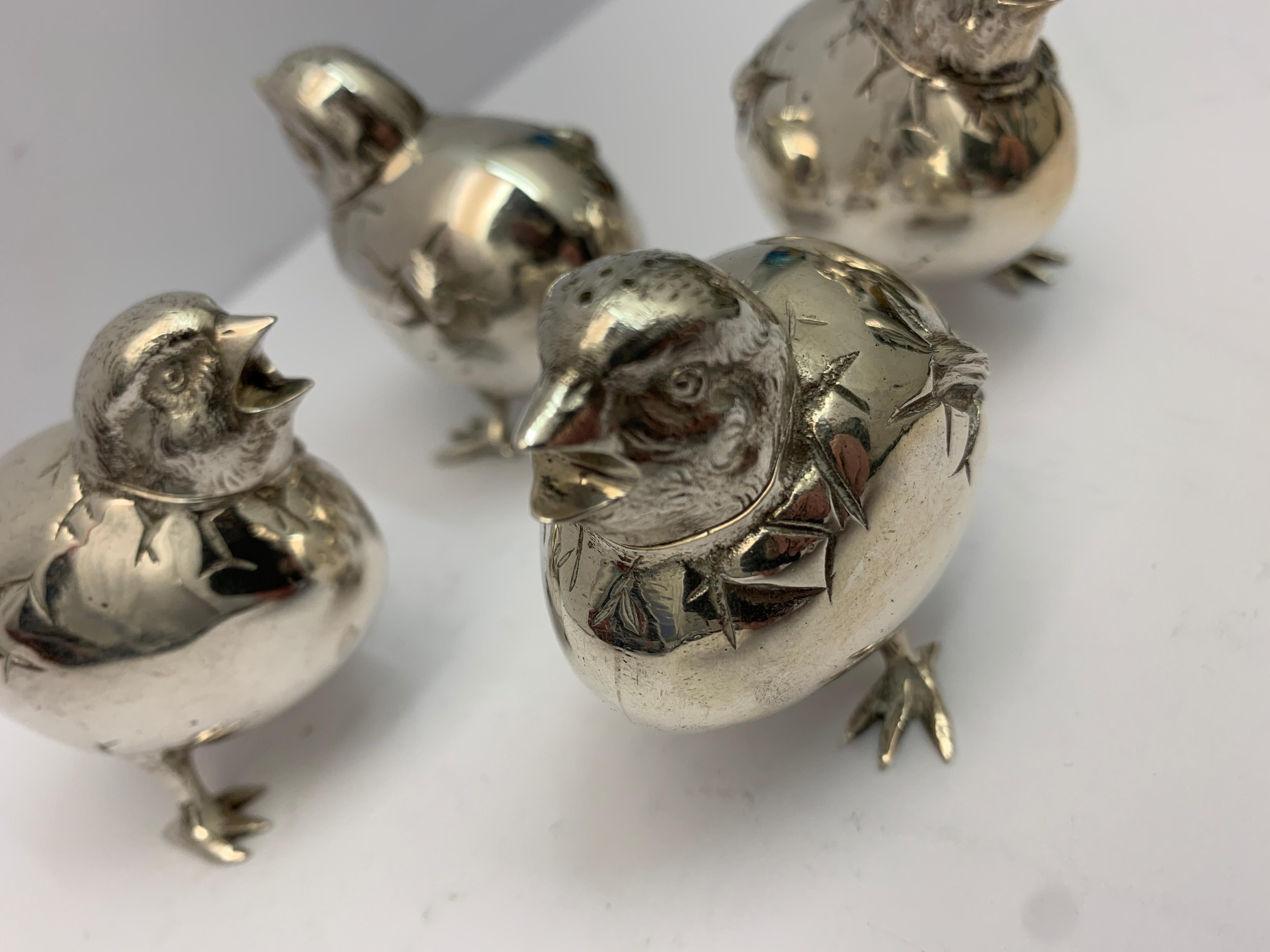 Set of Four Silver Chick Salt and Peppers In Good Condition In London, London