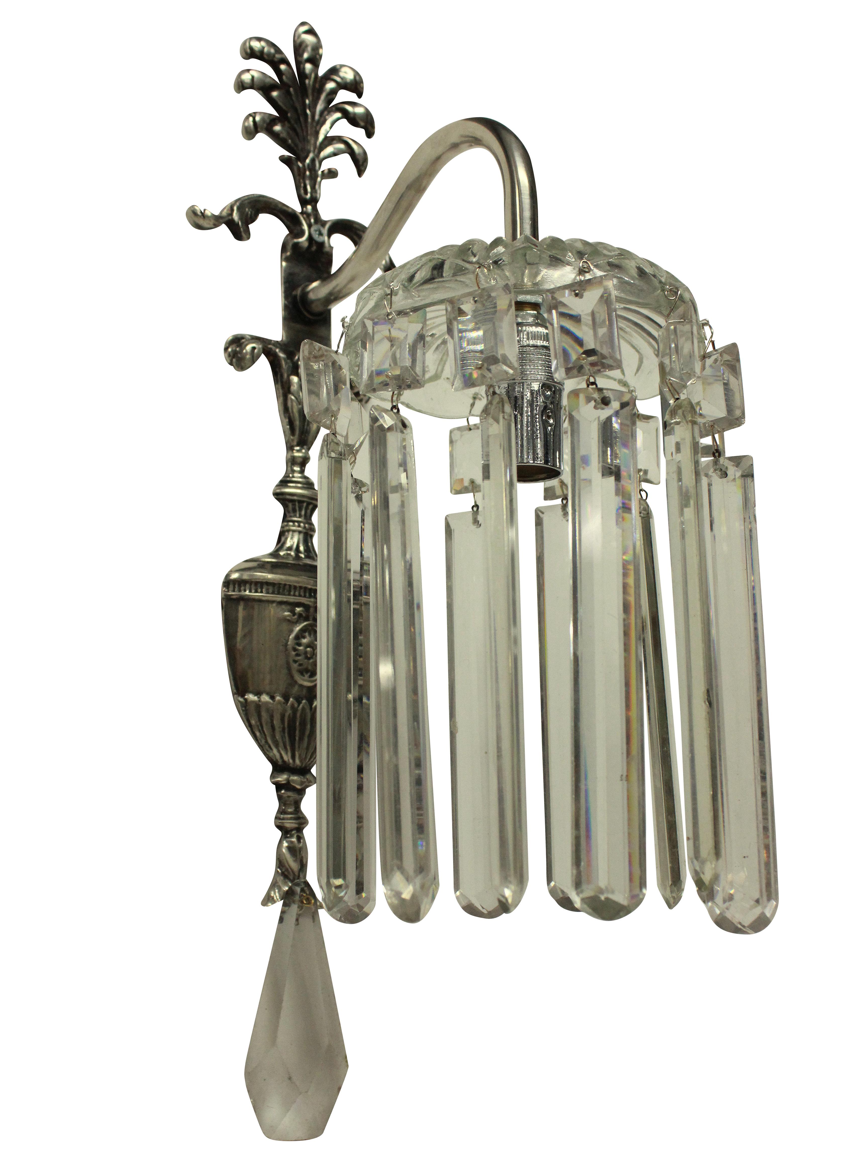 Silvered Set of Four Silver Plated and Cut-Glass Edwardian Wall Sconces