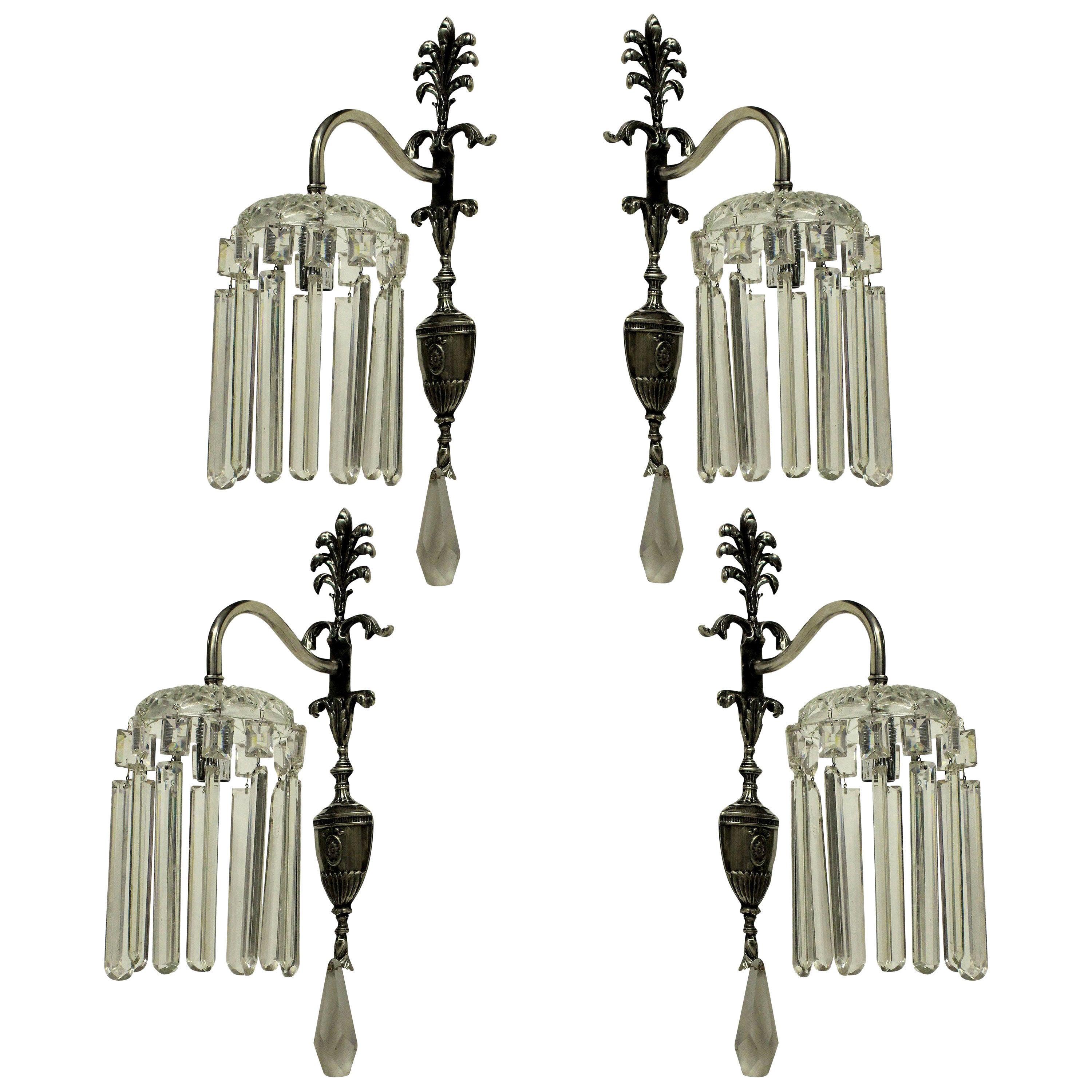 Set of Four Silver Plated and Cut-Glass Edwardian Wall Sconces