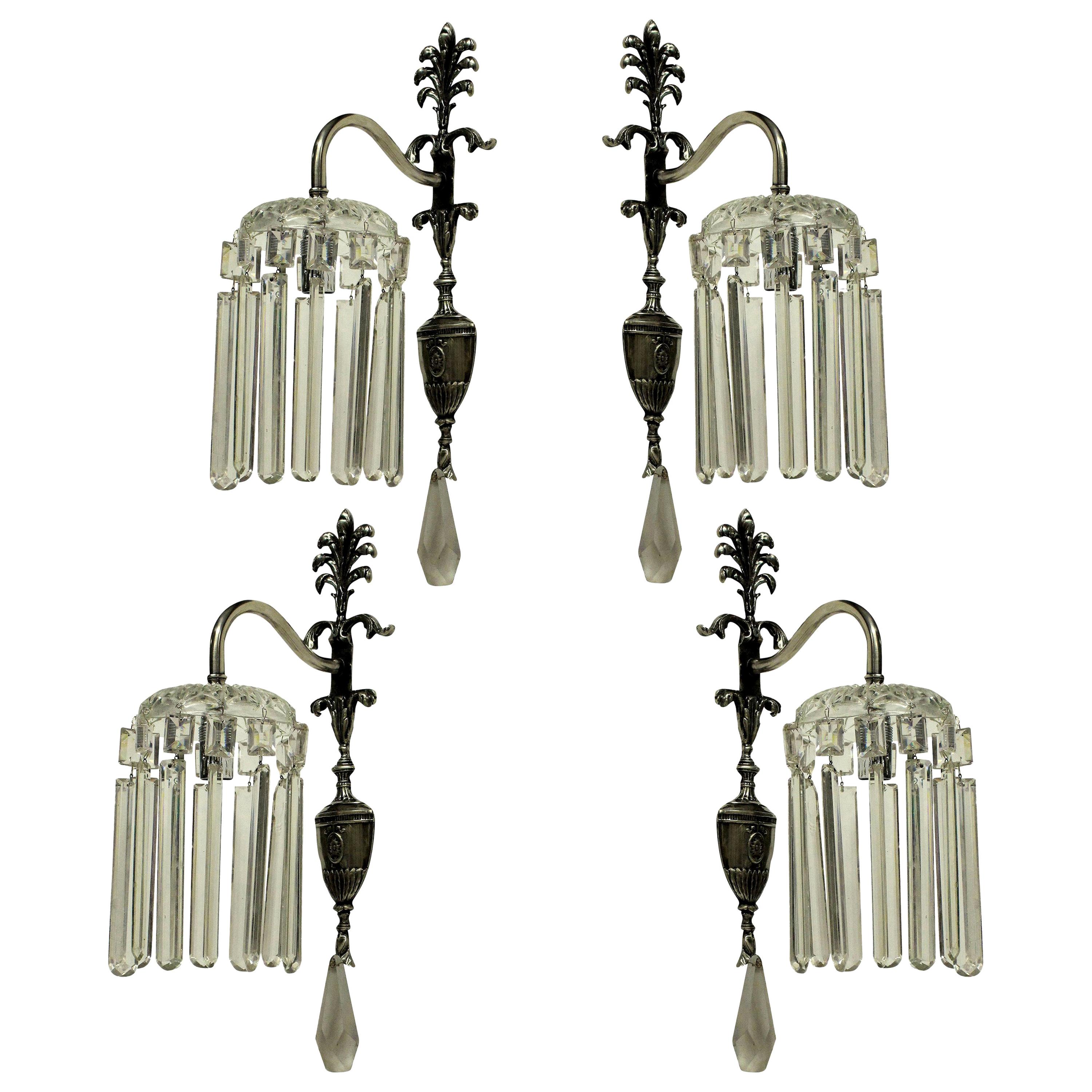 Set of Four Silver Plated and Cut-Glass Edwardian Wall Sconces