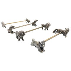 Antique Set Four Silver Plated Animal Motif Knife Rests Lion, Fox, Wild Boar, Dog 1890s