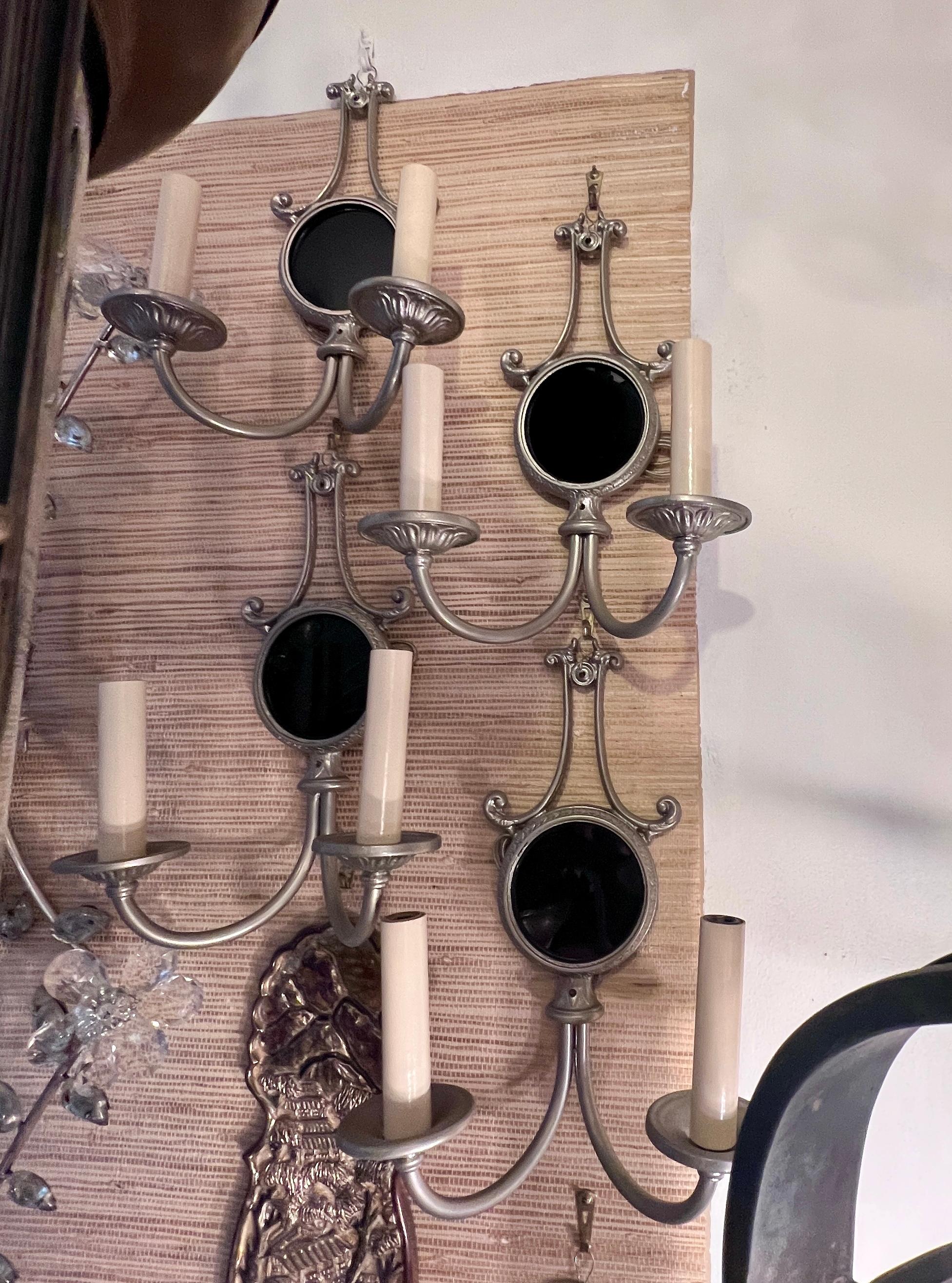 Set of Four Silver Sconces with Black Mirror Insets, Sold per Pair In Good Condition For Sale In New York, NY
