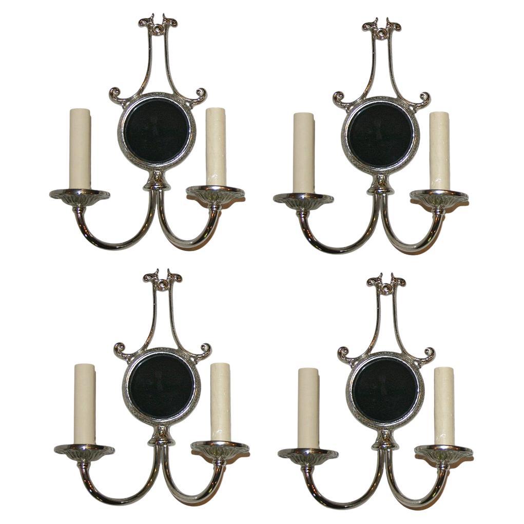 Set of Four Silver Sconces with Black Mirror Insets, Sold per Pair For Sale