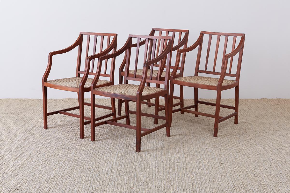Organic Modern Set of Four Slat Back Cane Dining Armchairs