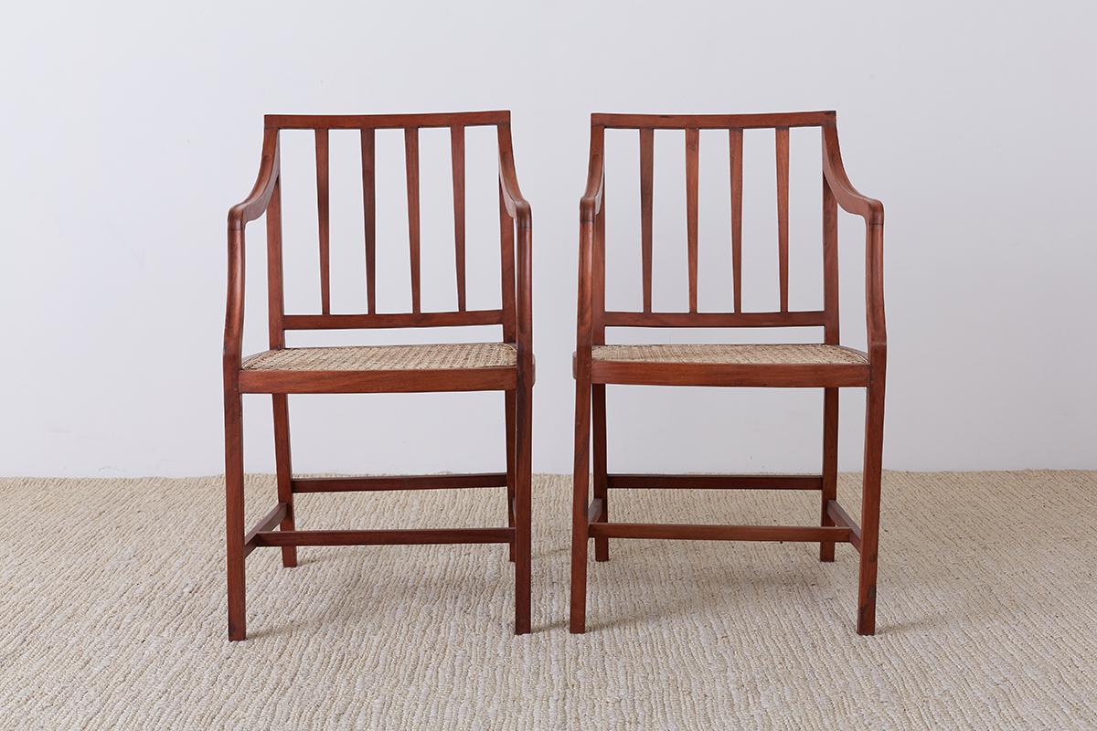 Hand-Carved Set of Four Slat Back Cane Dining Armchairs