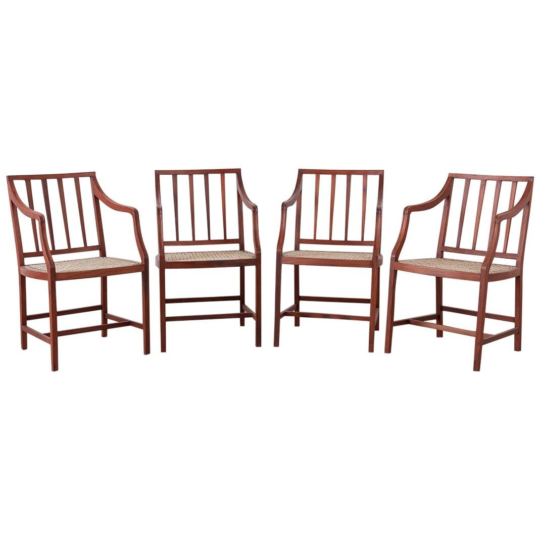 Set of Four Slat Back Cane Dining Armchairs