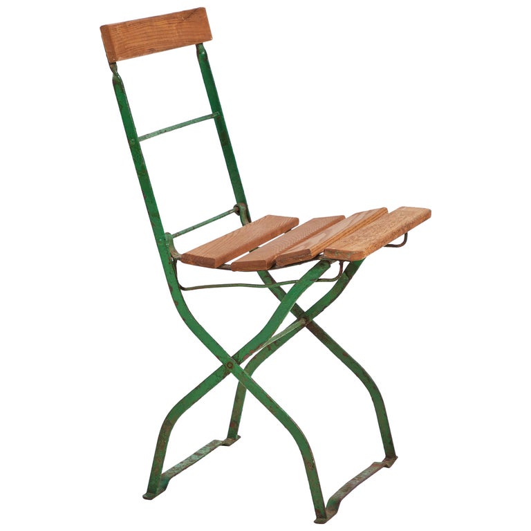 Set of Four Slatted Wood and Metal Folding Outdoor Garden Chairs For Sale at 1stdibs