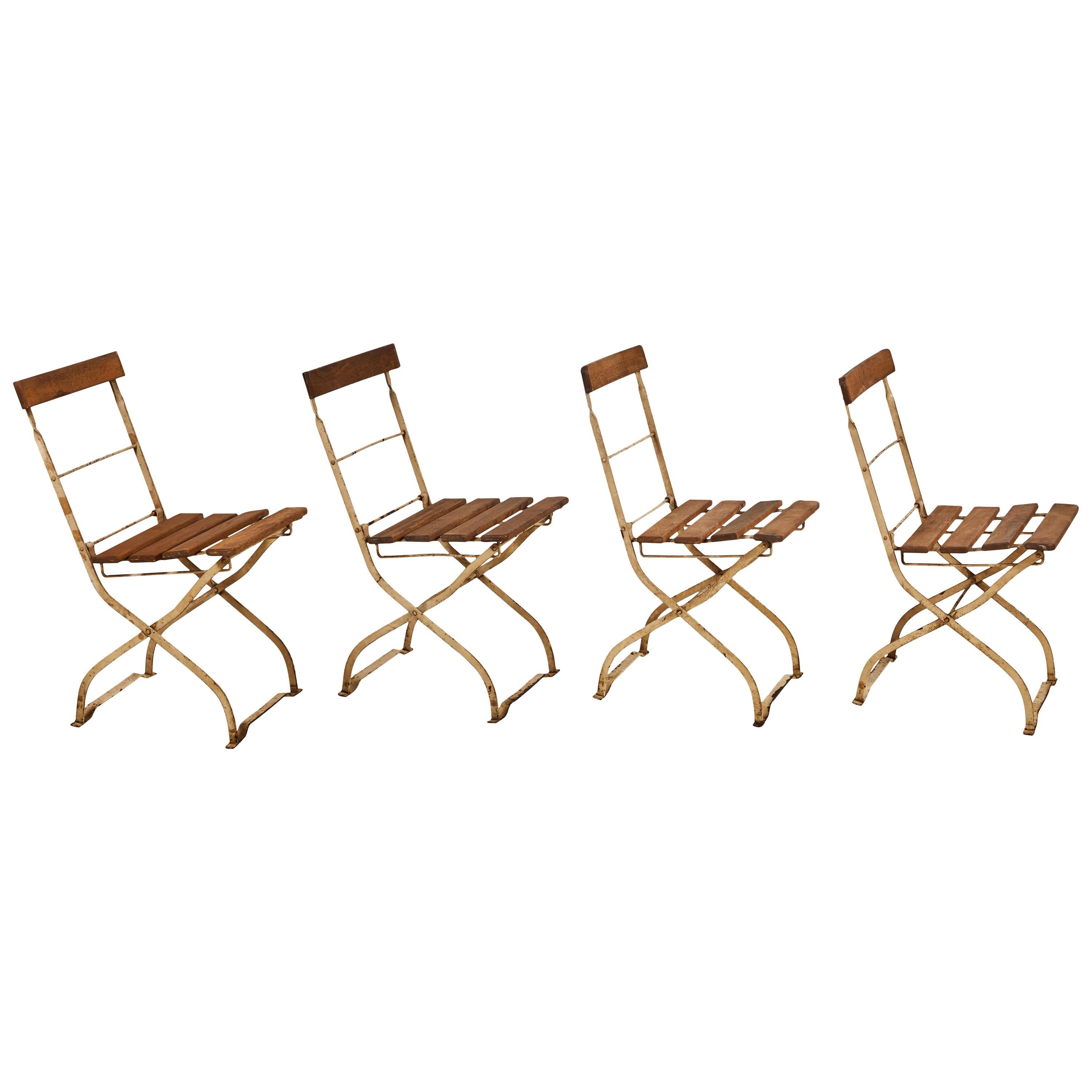 Set of Four Slatted Wood and Metal Folding Outdoor Garden Chairs