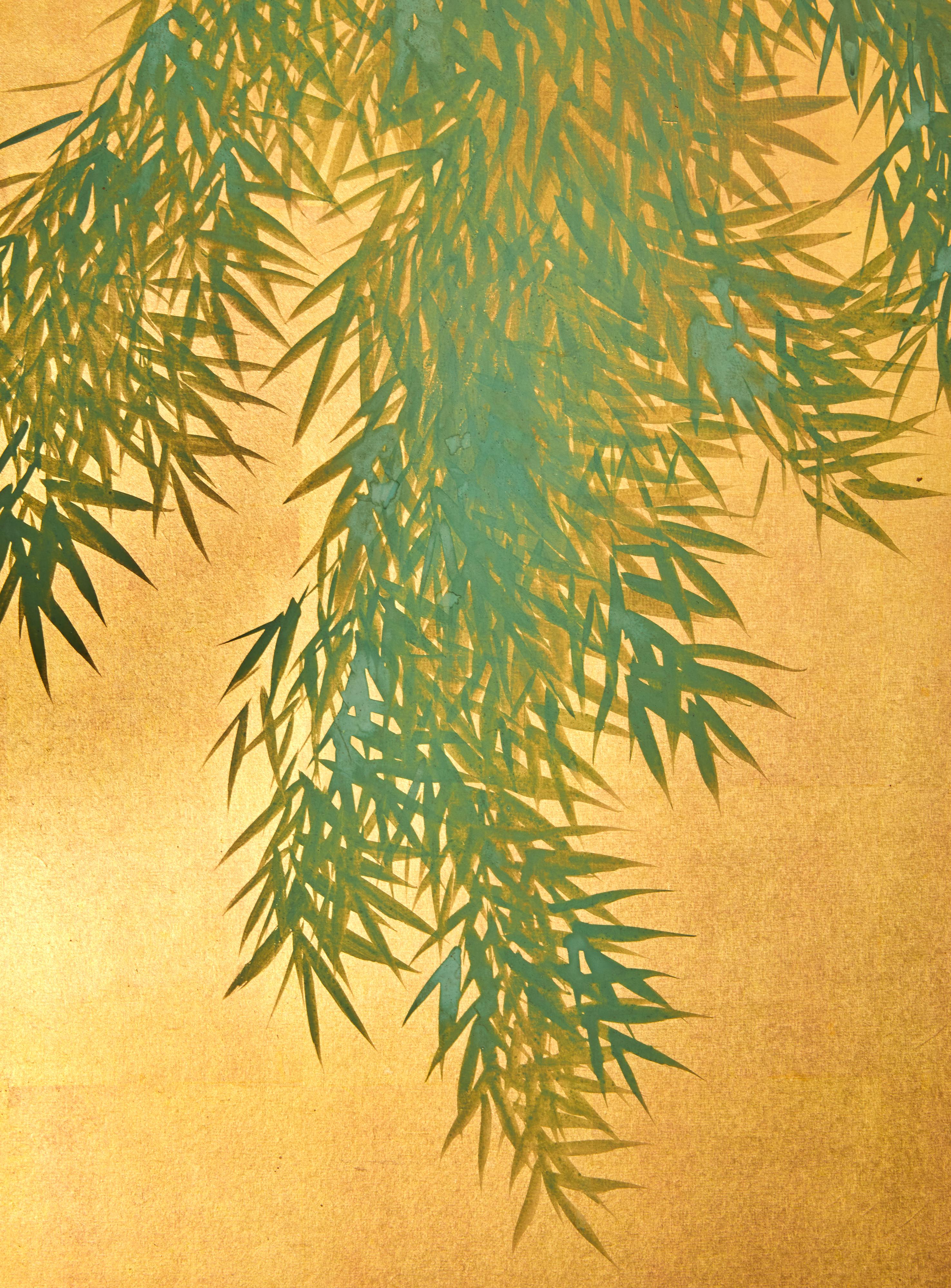 Japanese Set of Four Sliding Doors (Fusuma): Bamboo on Gold For Sale