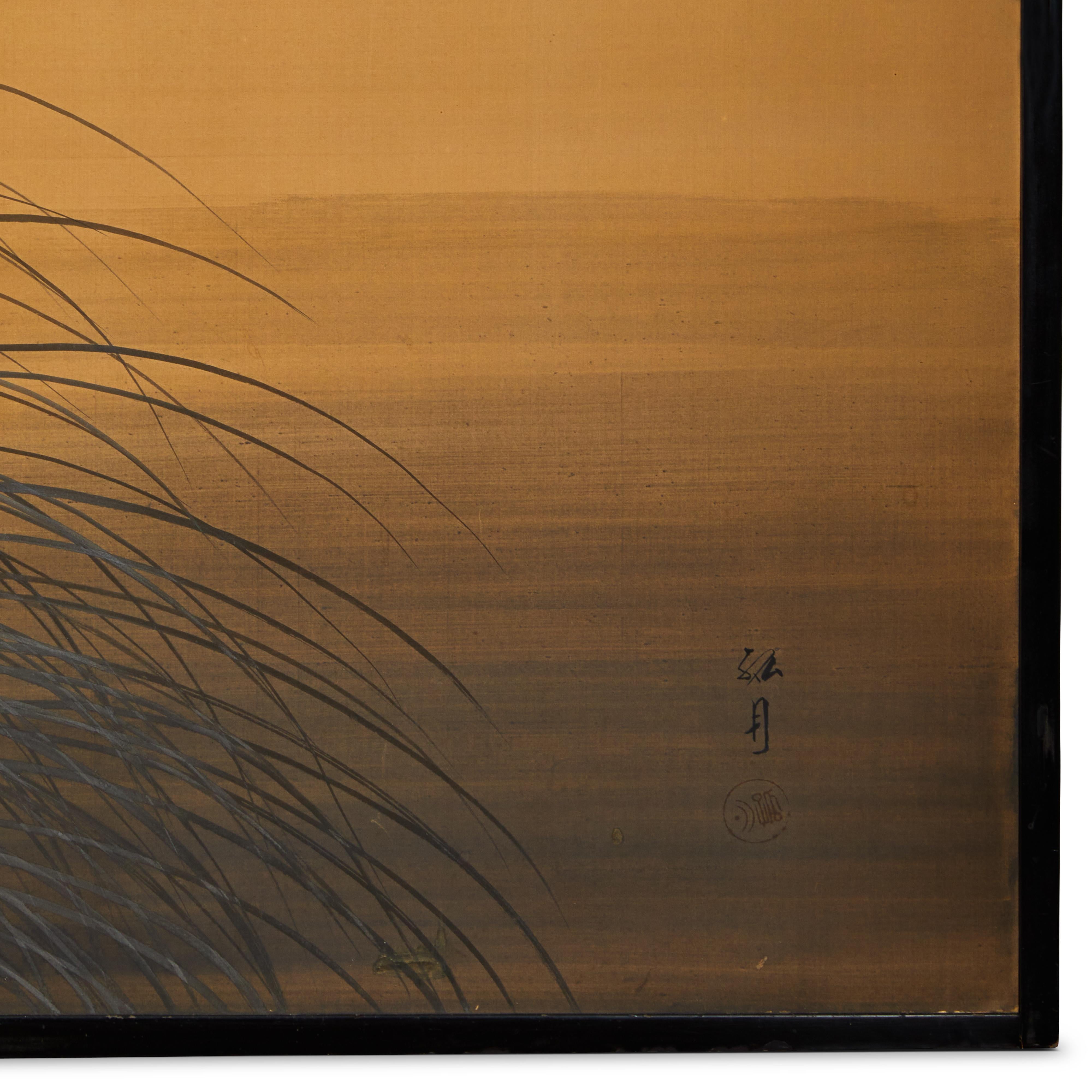 Meiji period (1868 - 1912) four separate sliding doors (fusuma) with Shijo School paintings of wild grasses.  Can be hung separately, or together as shown.  Signature reads: Kogetsu.  Mineral pigments painted on mulberry paper with gilded bronze