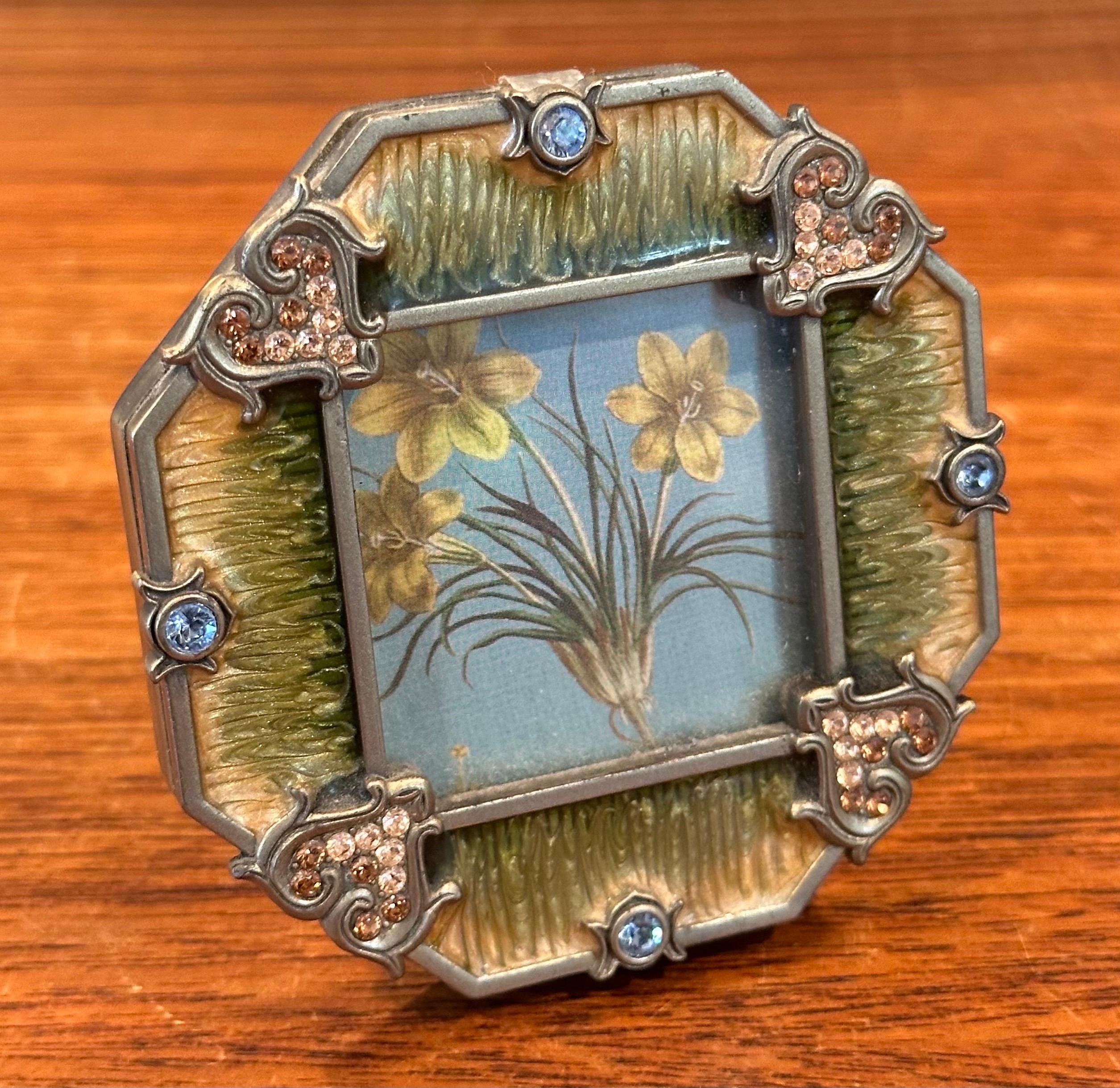 Set of Four Small Picture Frames in Brass, Enamel & Crystals by Jay Strongwater For Sale 7