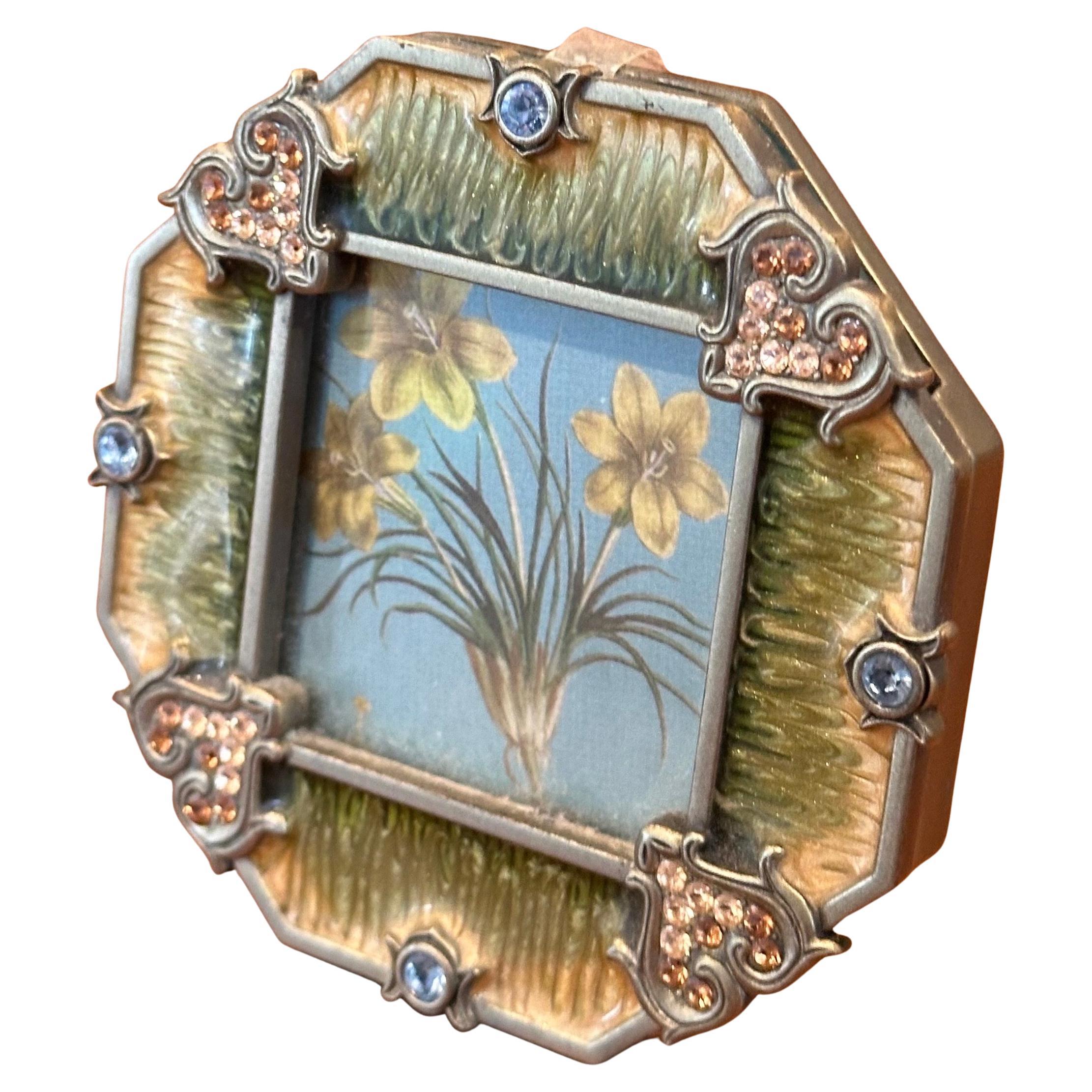 American Set of Four Small Picture Frames in Brass, Enamel & Crystals by Jay Strongwater For Sale