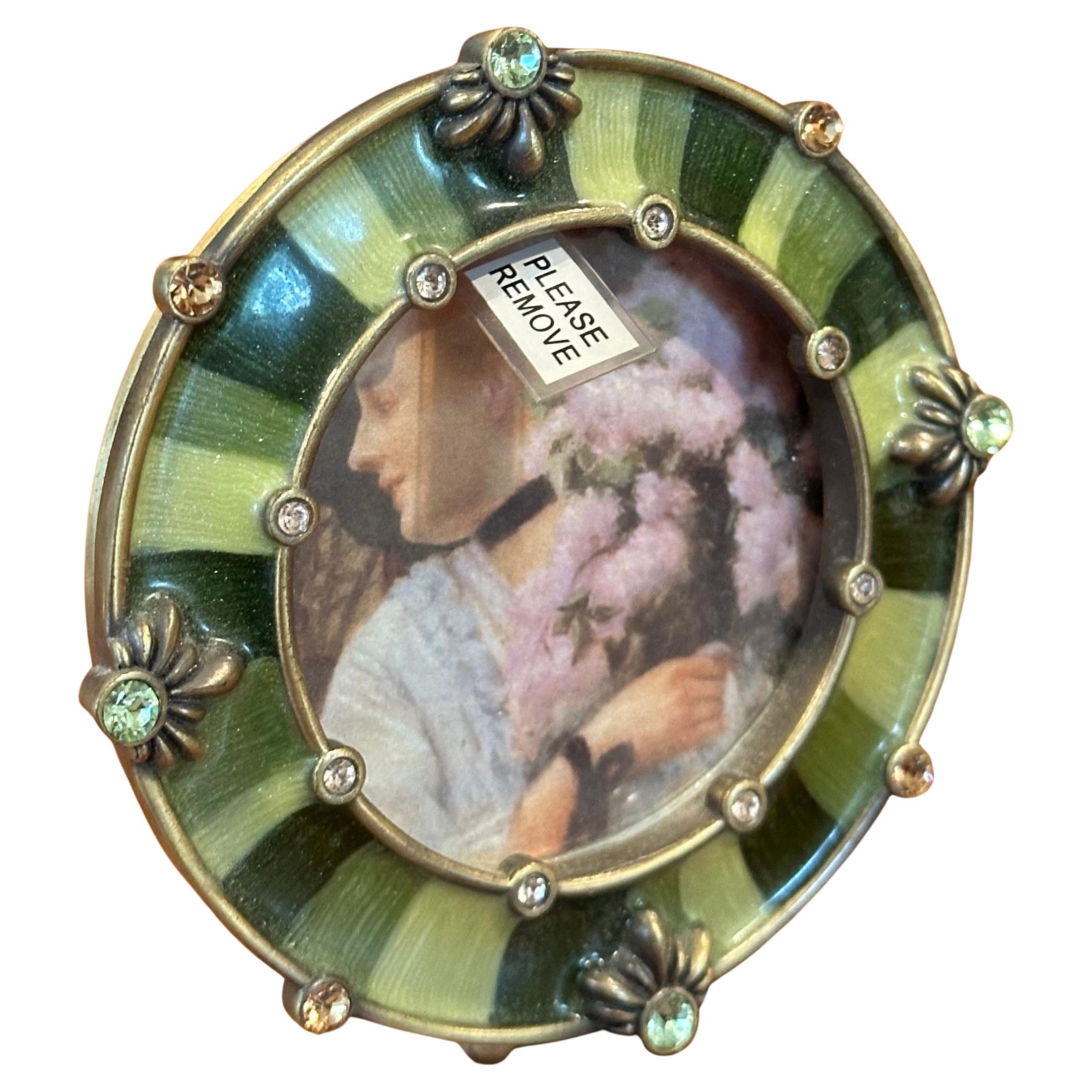 Set of Four Small Picture Frames in Brass, Enamel & Crystals by Jay Strongwater In Good Condition For Sale In San Diego, CA