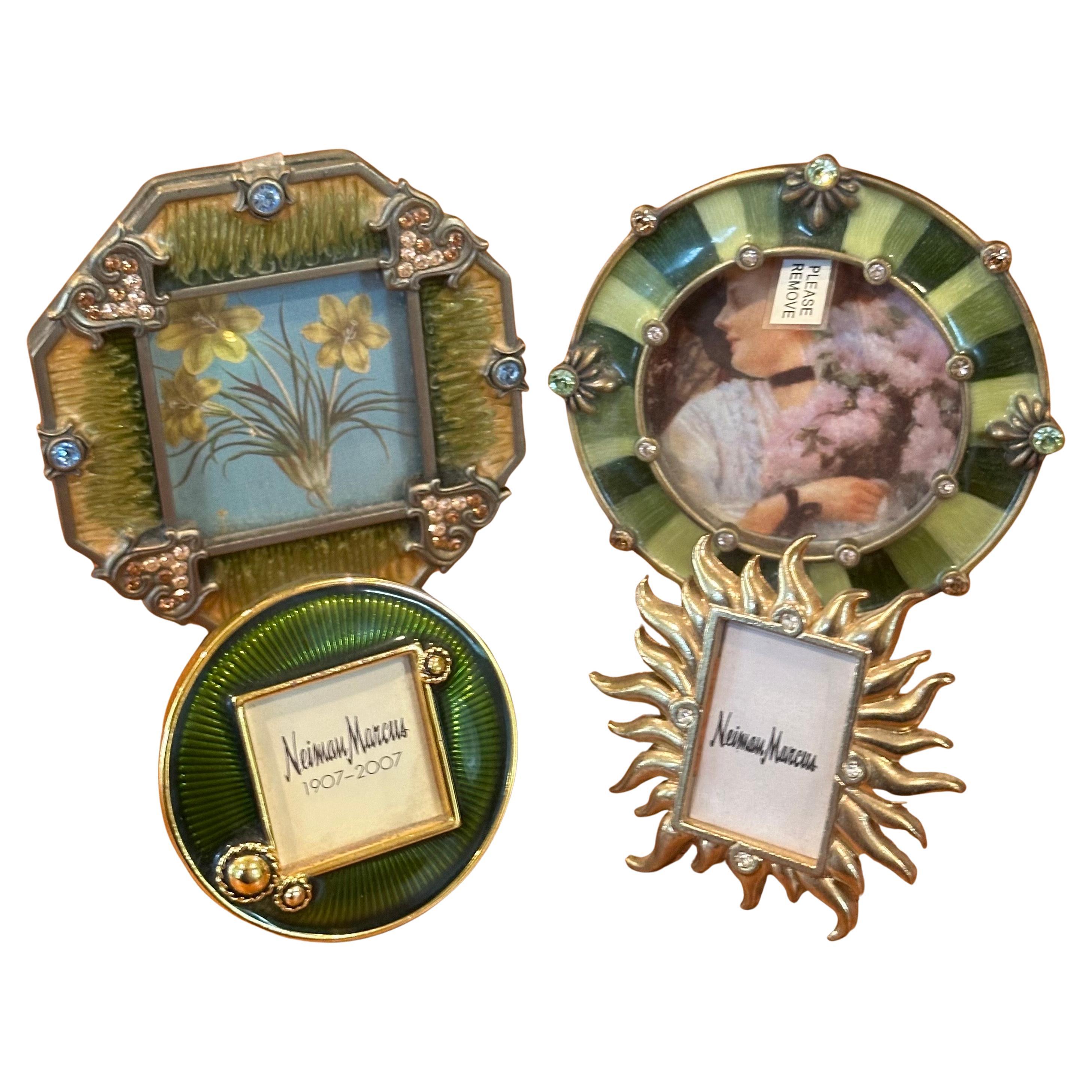 Set of Four Small Picture Frames in Brass, Enamel & Crystals by Jay Strongwater For Sale