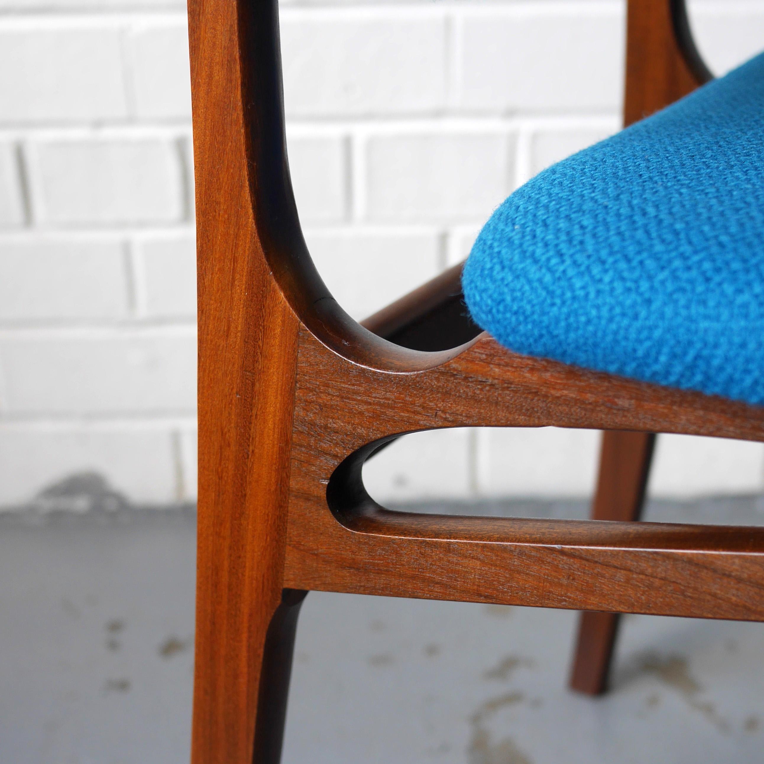 Set of Four Solid Afrormosia Dining Chairs with Blue Wool Upholstery, circa 1961 For Sale 6