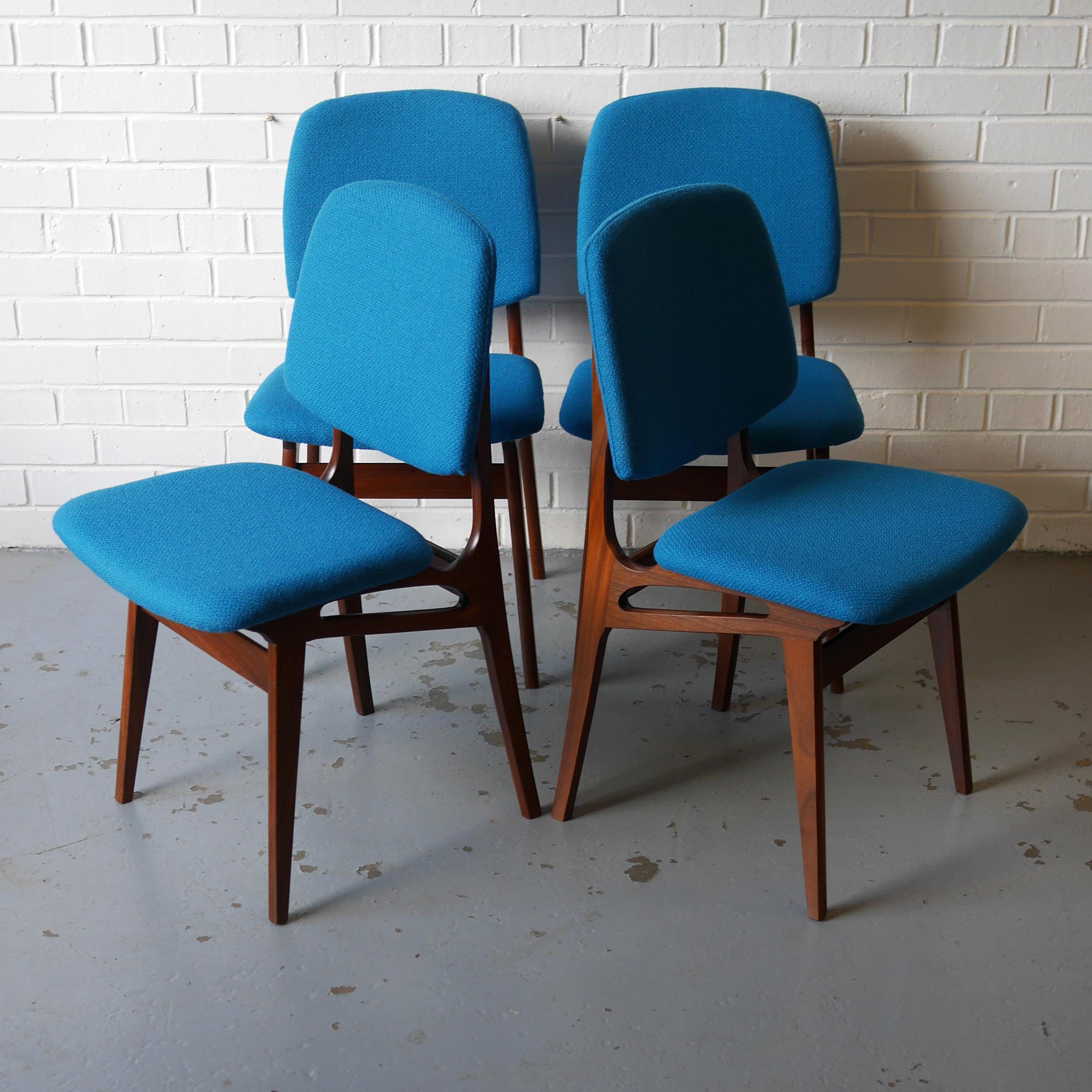 A fully restored and striking set of scarcely seen dining chairs designed by Arnt Sorheim for Brodrene Sorheim of Norway, sourced from the family of the original owner, purchased in Leeds, England in 1961. Wonderful sculptural solid afrormosia