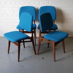 Set of Four Solid Afrormosia Dining Chairs with Blue Wool Upholstery, circa 1961