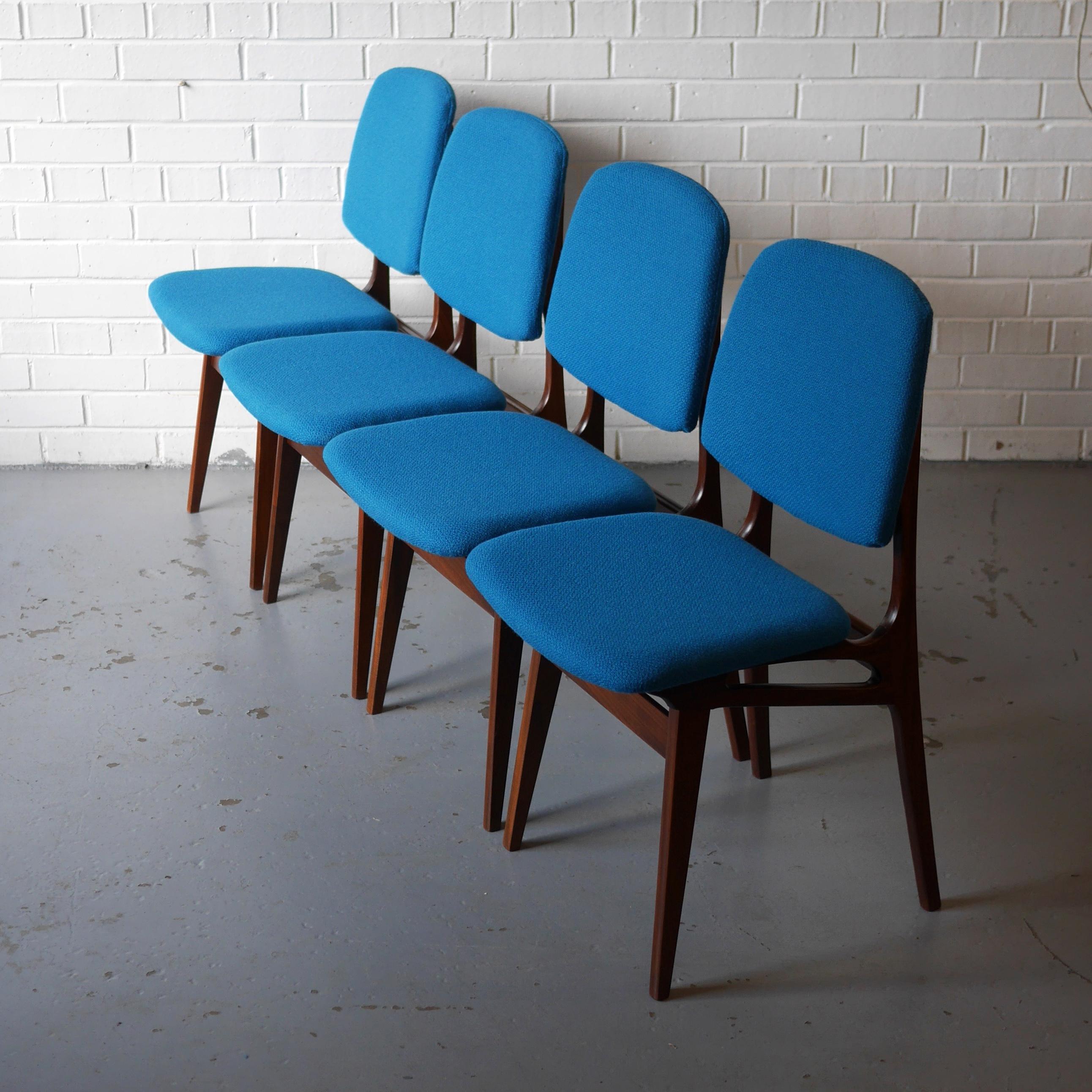 Norwegian Set of Four Solid Afrormosia Dining Chairs with Blue Wool Upholstery, circa 1961 For Sale