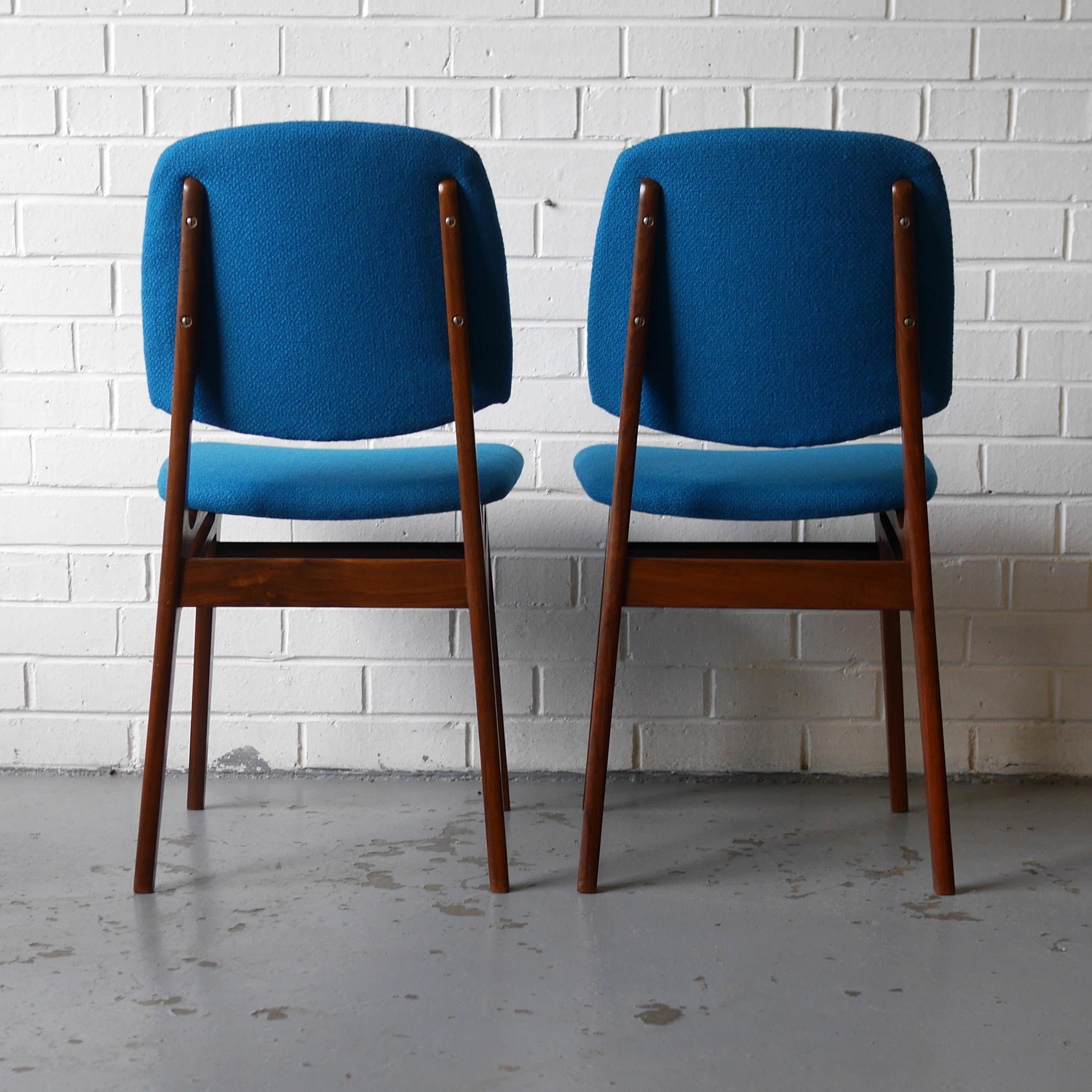 Mid-20th Century Set of Four Solid Afrormosia Dining Chairs with Blue Wool Upholstery, circa 1961 For Sale