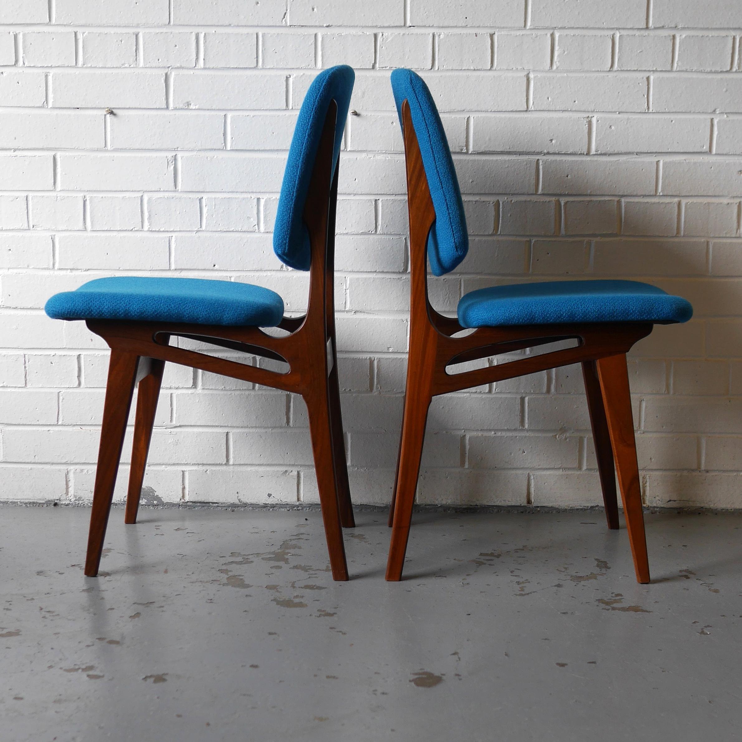 Set of Four Solid Afrormosia Dining Chairs with Blue Wool Upholstery, circa 1961 For Sale 1