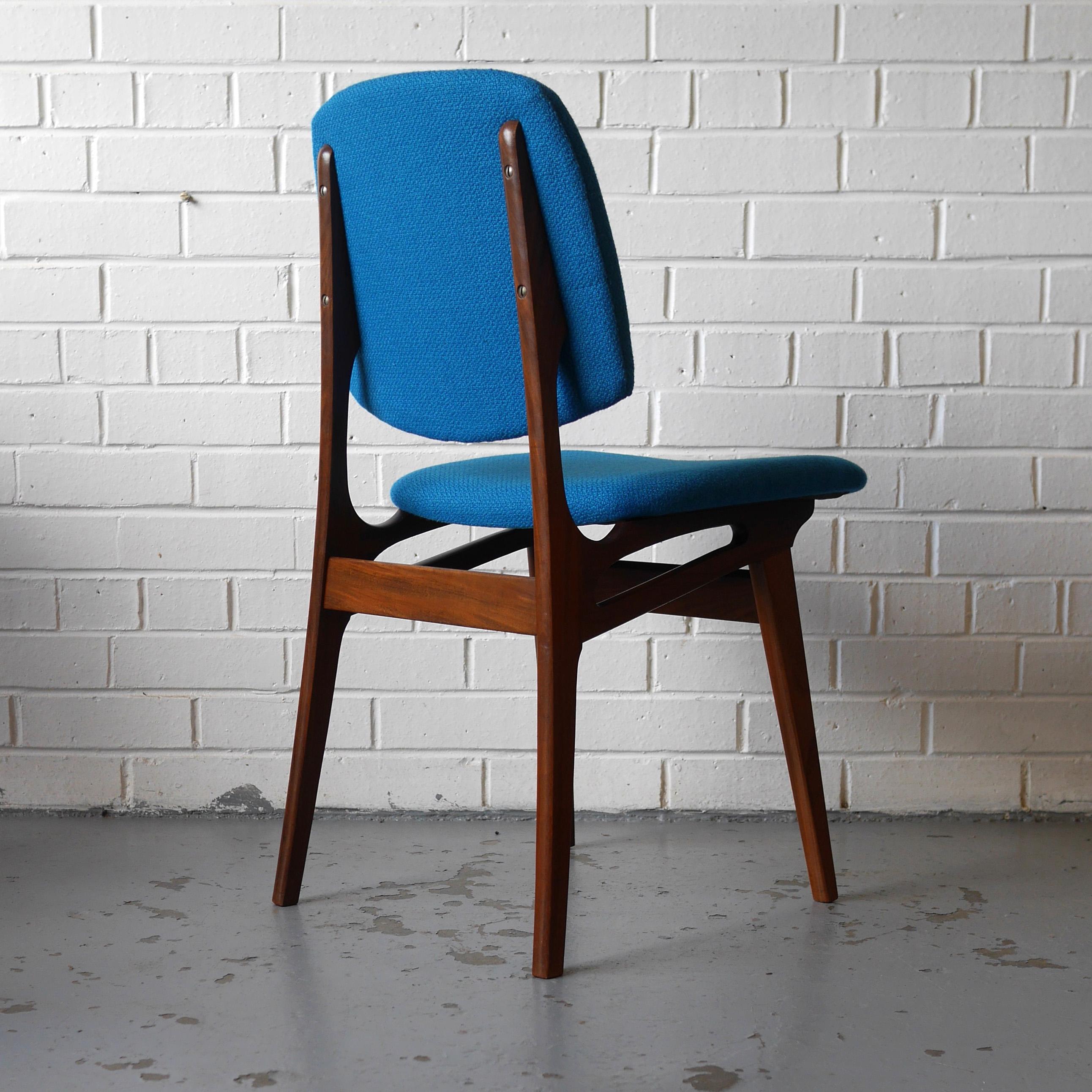 Set of Four Solid Afrormosia Dining Chairs with Blue Wool Upholstery, circa 1961 For Sale 2