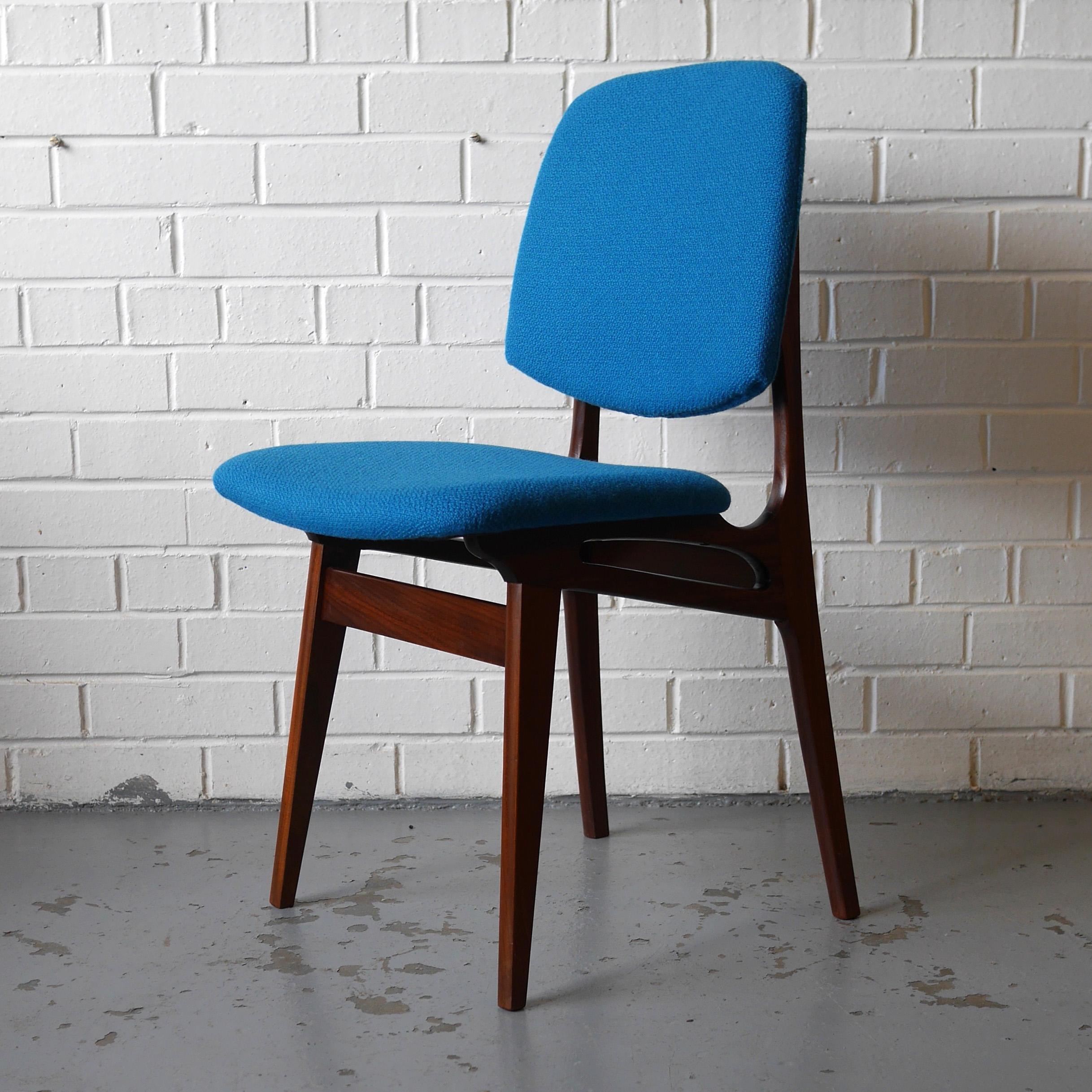 Set of Four Solid Afrormosia Dining Chairs with Blue Wool Upholstery, circa 1961 For Sale 3