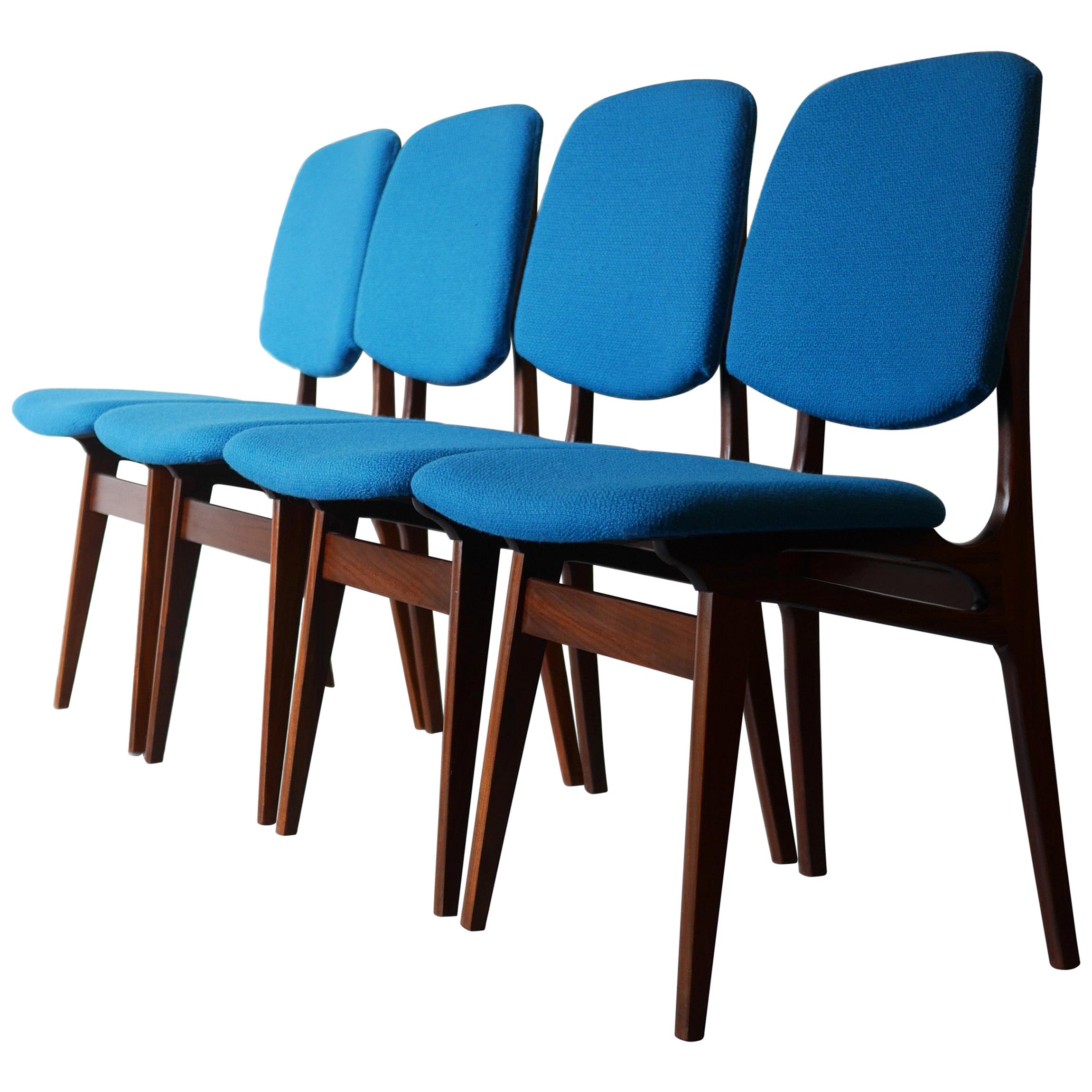 Set of Four Solid Afrormosia Dining Chairs with Blue Wool Upholstery, circa 1961 For Sale