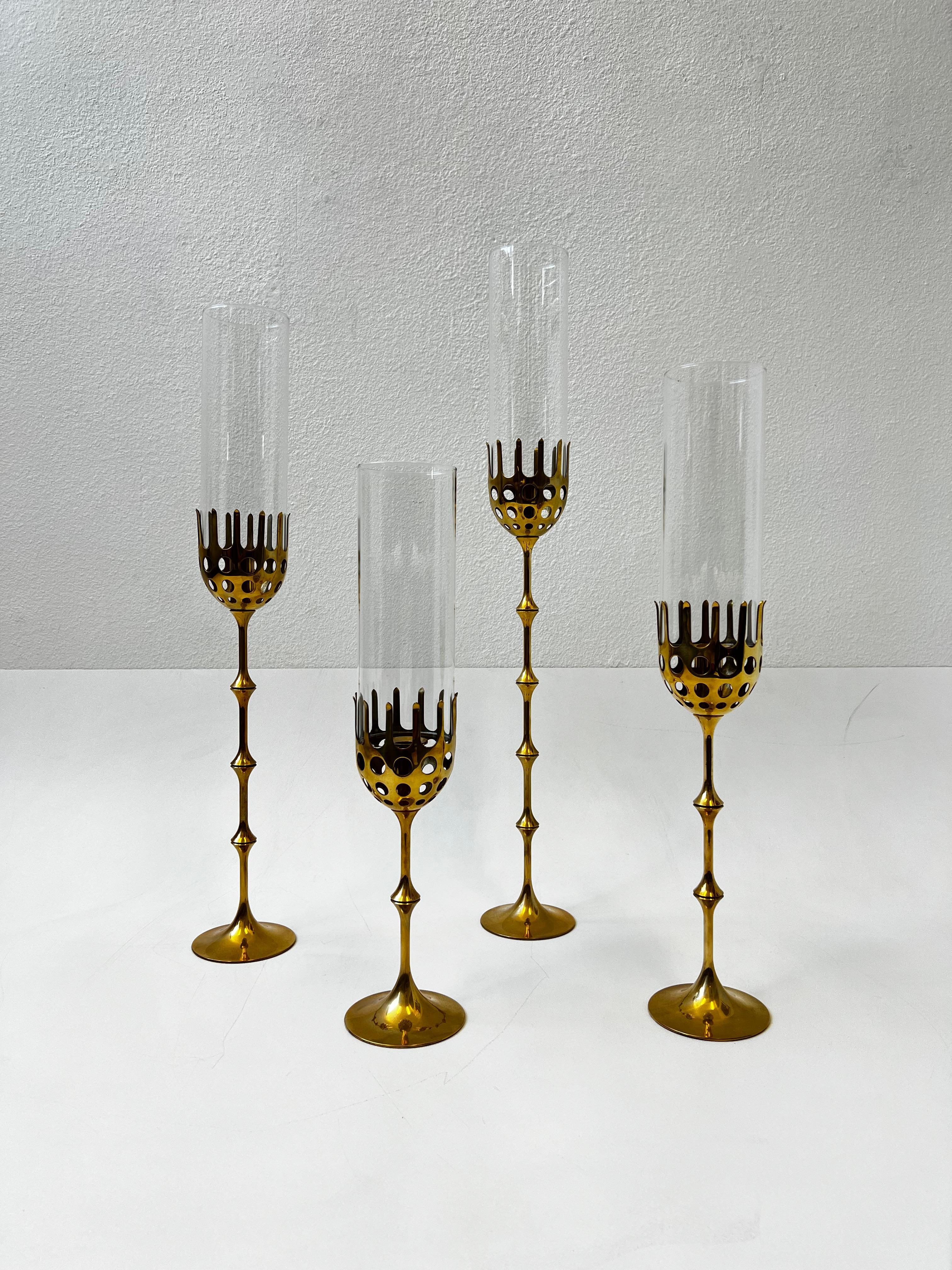 Mid-Century Modern Set of Four Solid Brass and Glass Hurricane Candles Holders by Bijørn Wiinblad  For Sale