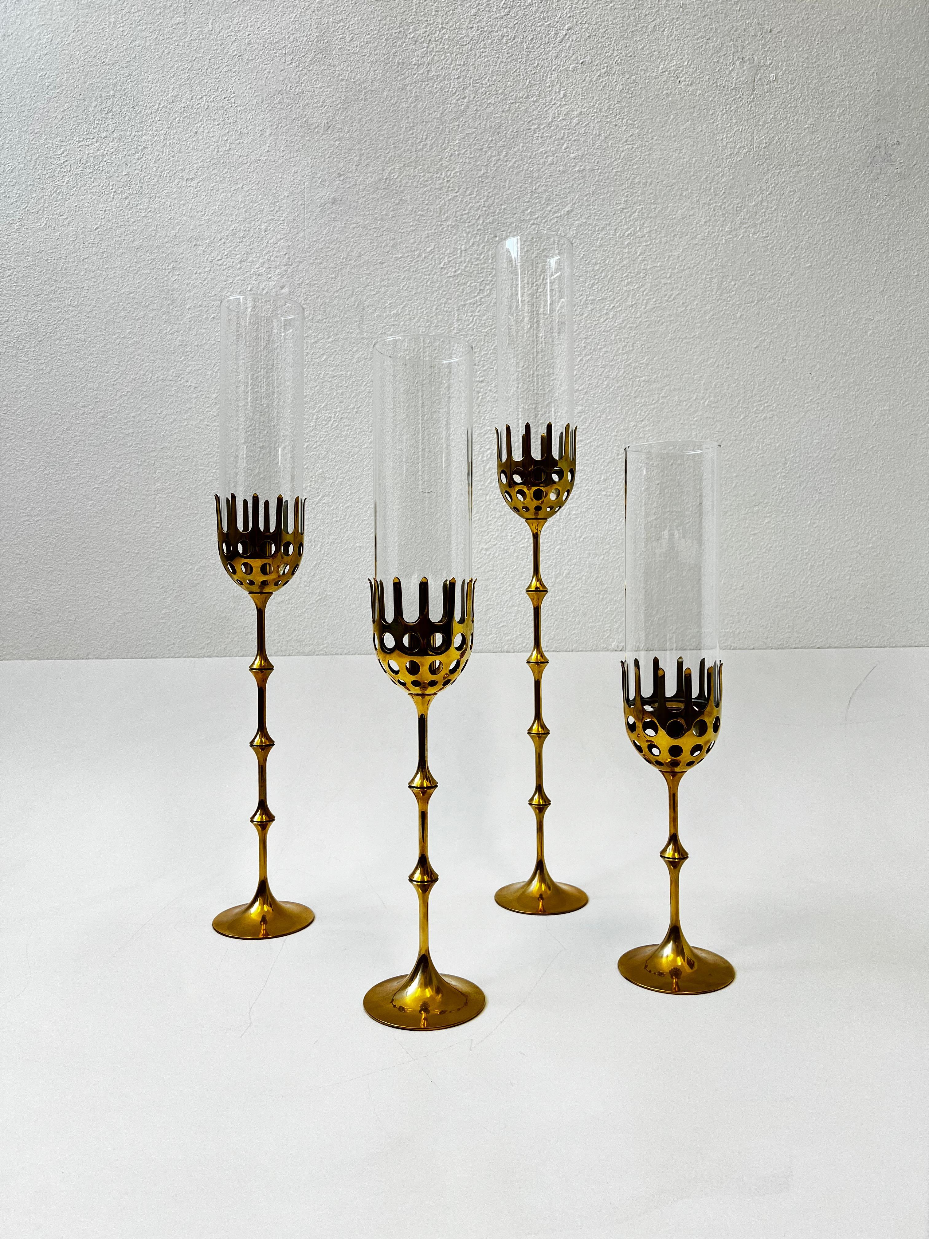 Danish Set of Four Solid Brass and Glass Hurricane Candles Holders by Bijørn Wiinblad  For Sale