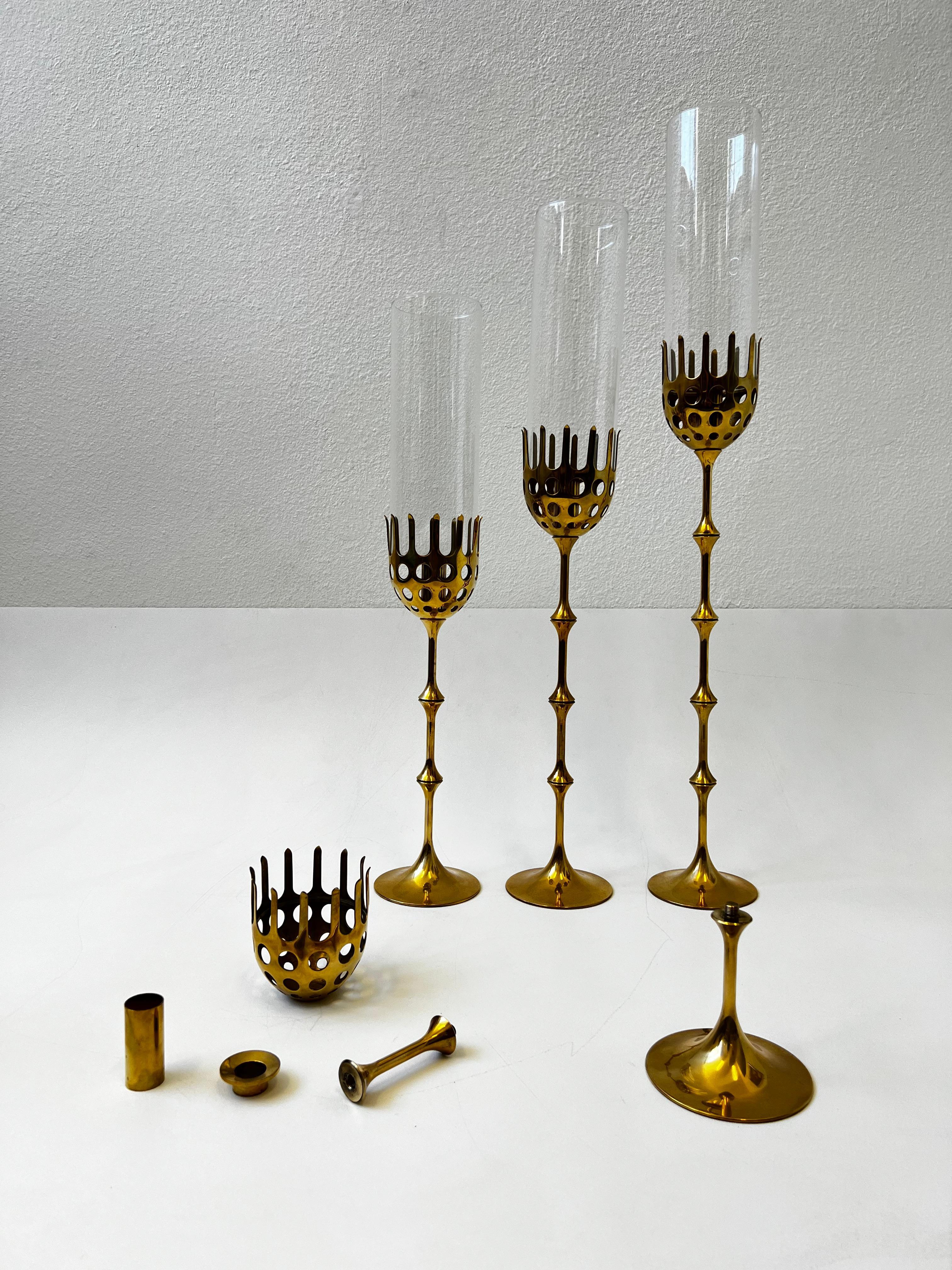 Set of Four Solid Brass and Glass Hurricane Candles Holders by Bijørn Wiinblad  For Sale 1