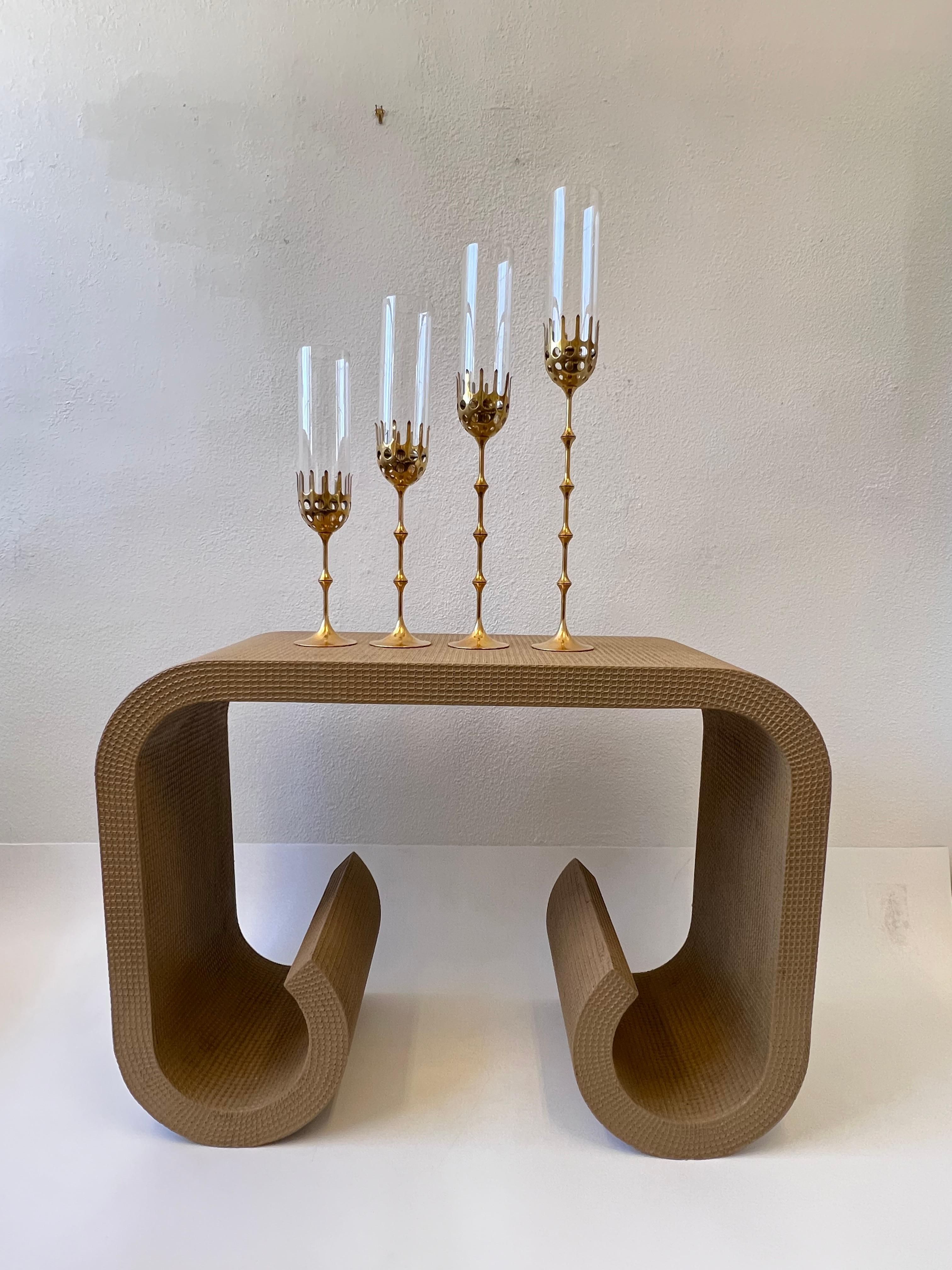 Set of Four Solid Brass and Glass Hurricane Candles Holders by Bijørn Wiinblad  For Sale 2