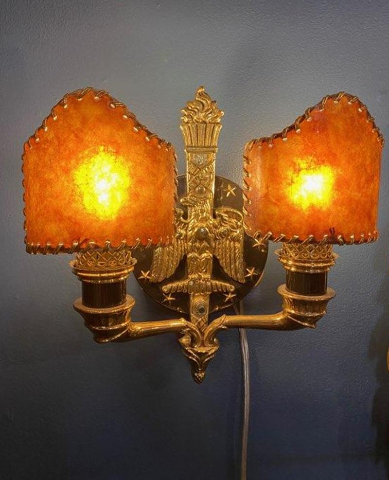 Art Nouveau Set of Four Solid Brass Wall Sconces with Eagle & Stars Motif and Mica Shades For Sale