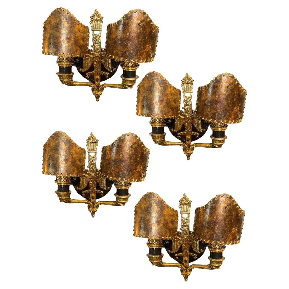 Set of Four Solid Brass Wall Sconces with Eagle & Stars Motif and Mica Shades For Sale