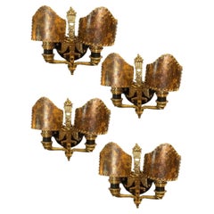 Antique Set of Four Solid Brass Wall Sconces with Eagle & Stars Motif and Mica Shades