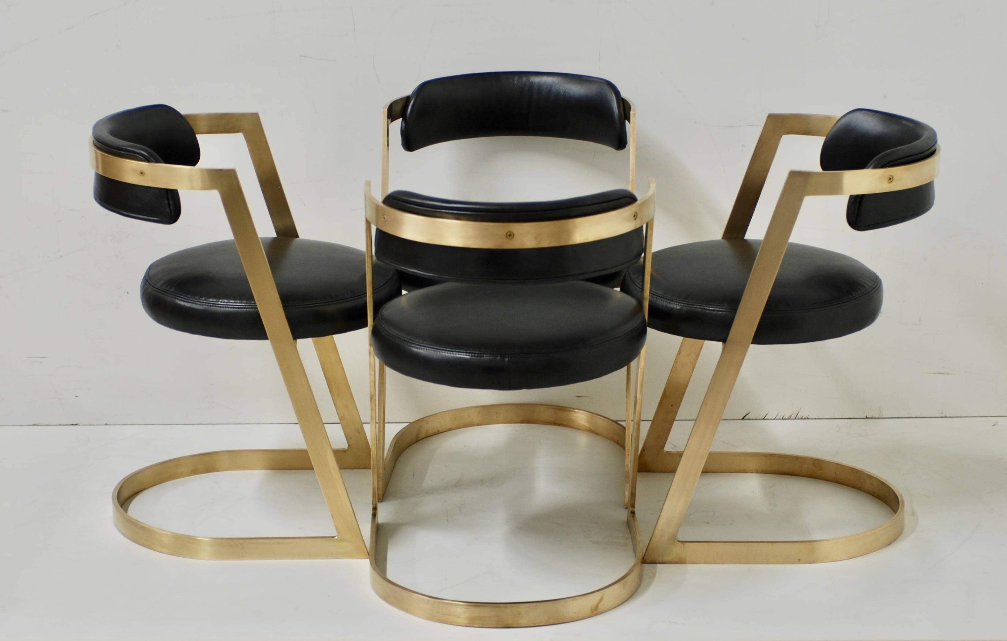 Set of Four Solid Brushed Brass Cantilevered Dining Chairs 4